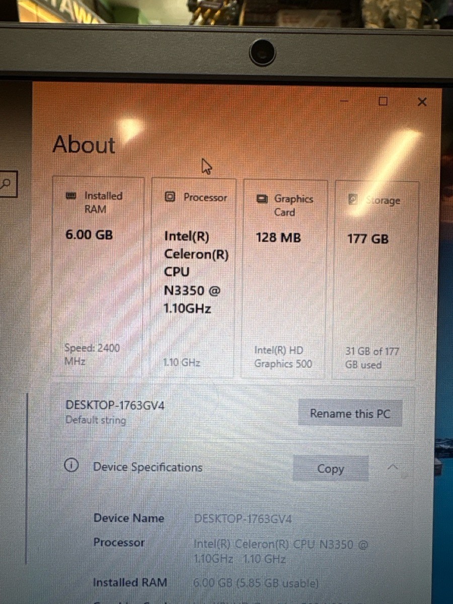INTEL INSIDE LAPTOP CELERON N3350 6GB OF RAM 177SSD (HPB029196)