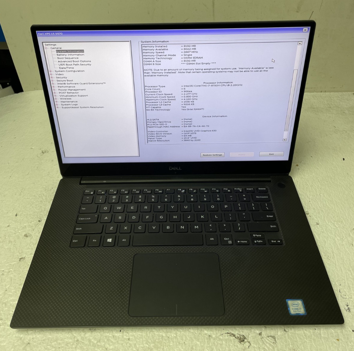 Dell XPS 15 9750 Intel i7-8750H @2.20 8GB RAM NO SSD Touchscreen Parts *READ