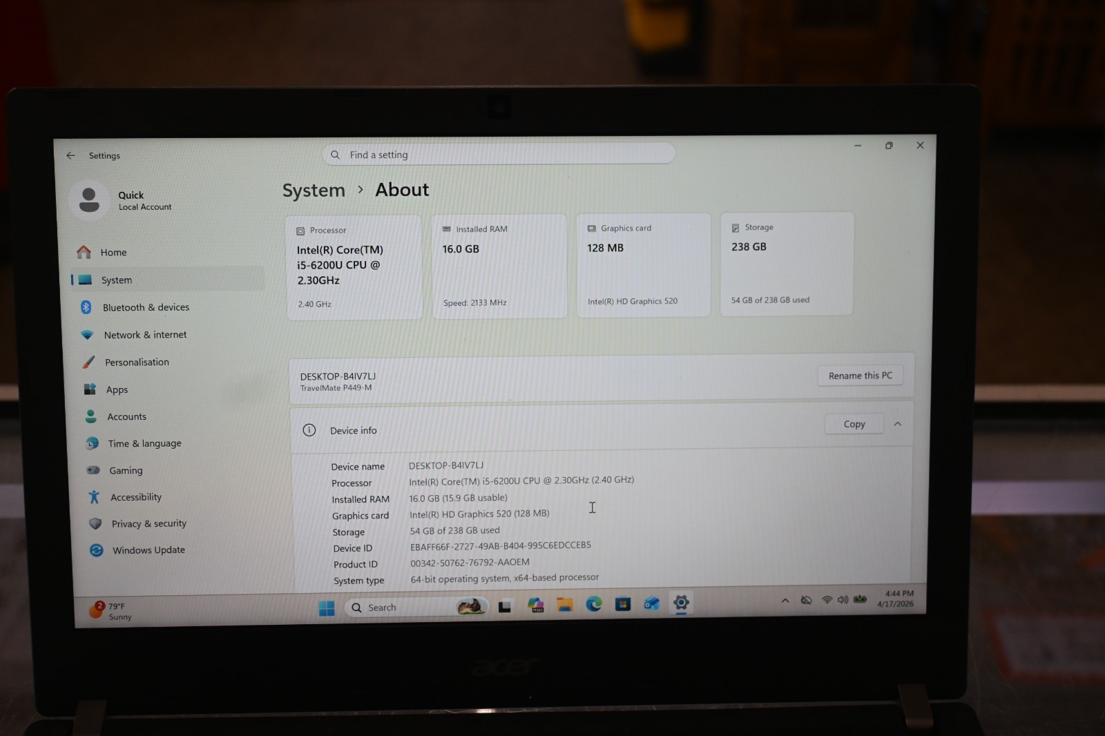 Acer TravelMate P4 P449-M Laptop | 14″ | i5-6200U@2.3GHz | 16GB RAM | 256GB SSD