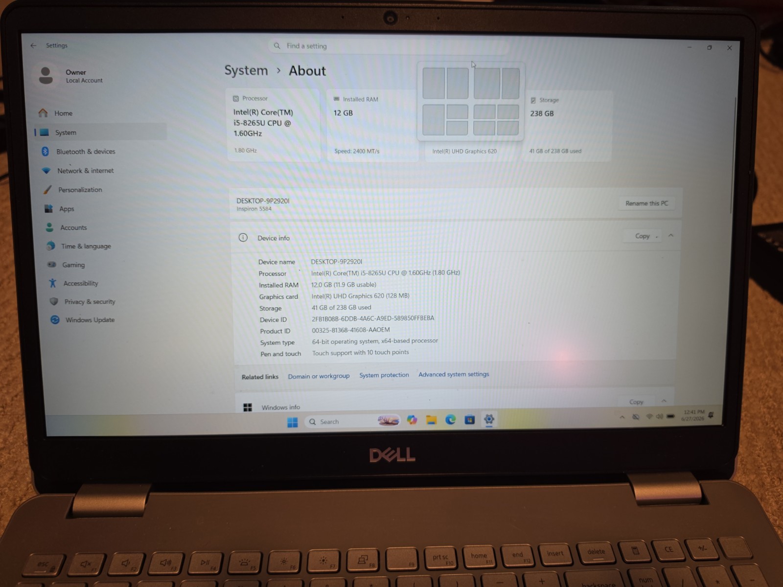 Dell Inspiron 15 5584 15.6″ 256GB Intel Core i5 8th Gen 12GB RAM Laptop Touch