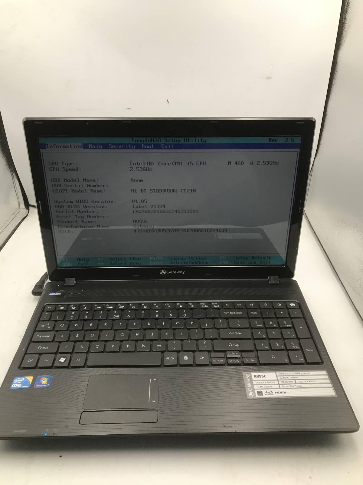 GATEWAY NV55C30U PEW91 – BOOTS TO BIOS – INTEL I5 460M – 2GB RAM – READ DESC -BB