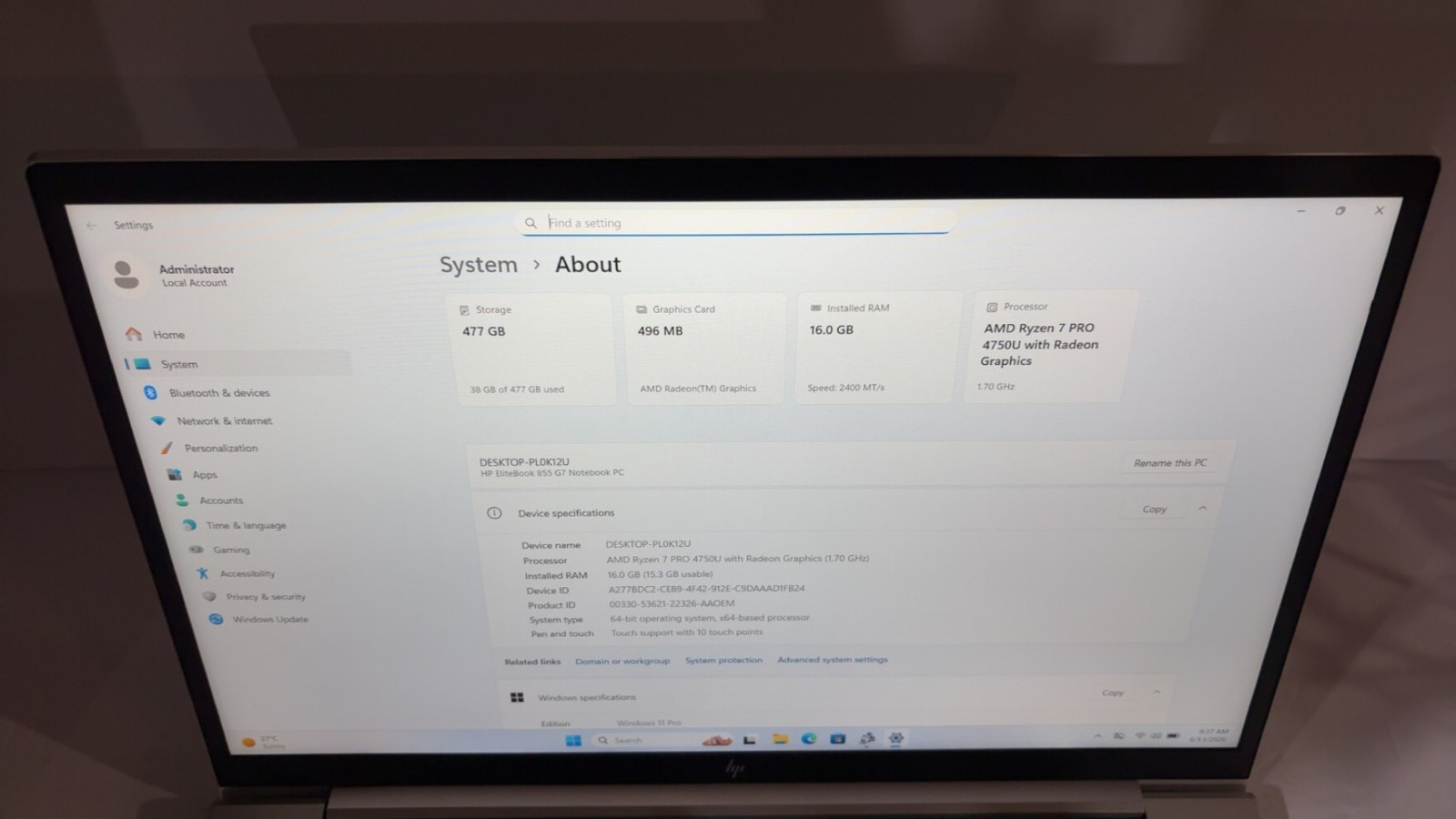 HP EliteBook 855 G7 AMD Ryzen 7 PRO 4750U 16GB 512GB SSD Touchscreen Win11 Pro