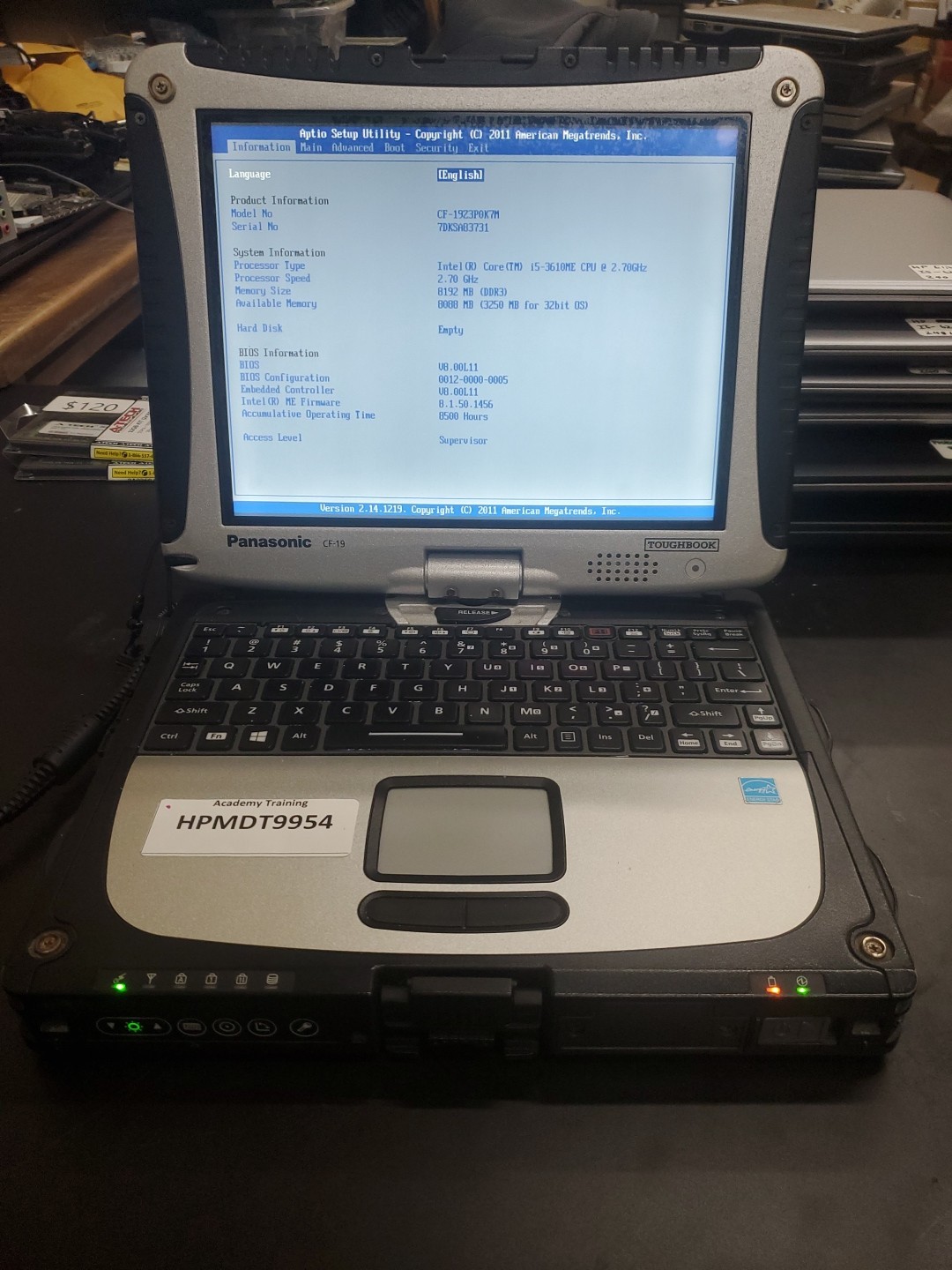 Panasonic Toughbook CF-19, i5-3610ME @ 2.7GHz, 8GB RAM, NO HD/caddy 8500 Hours