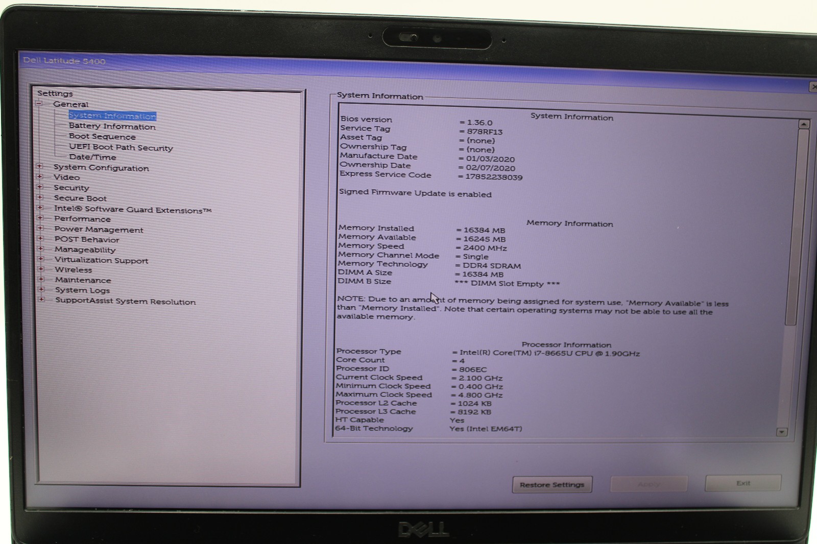 Dell Latitude 5400 i7-8665U @ 1.9 GHz 16GB RAM 512GB SSD Windows 11 Home