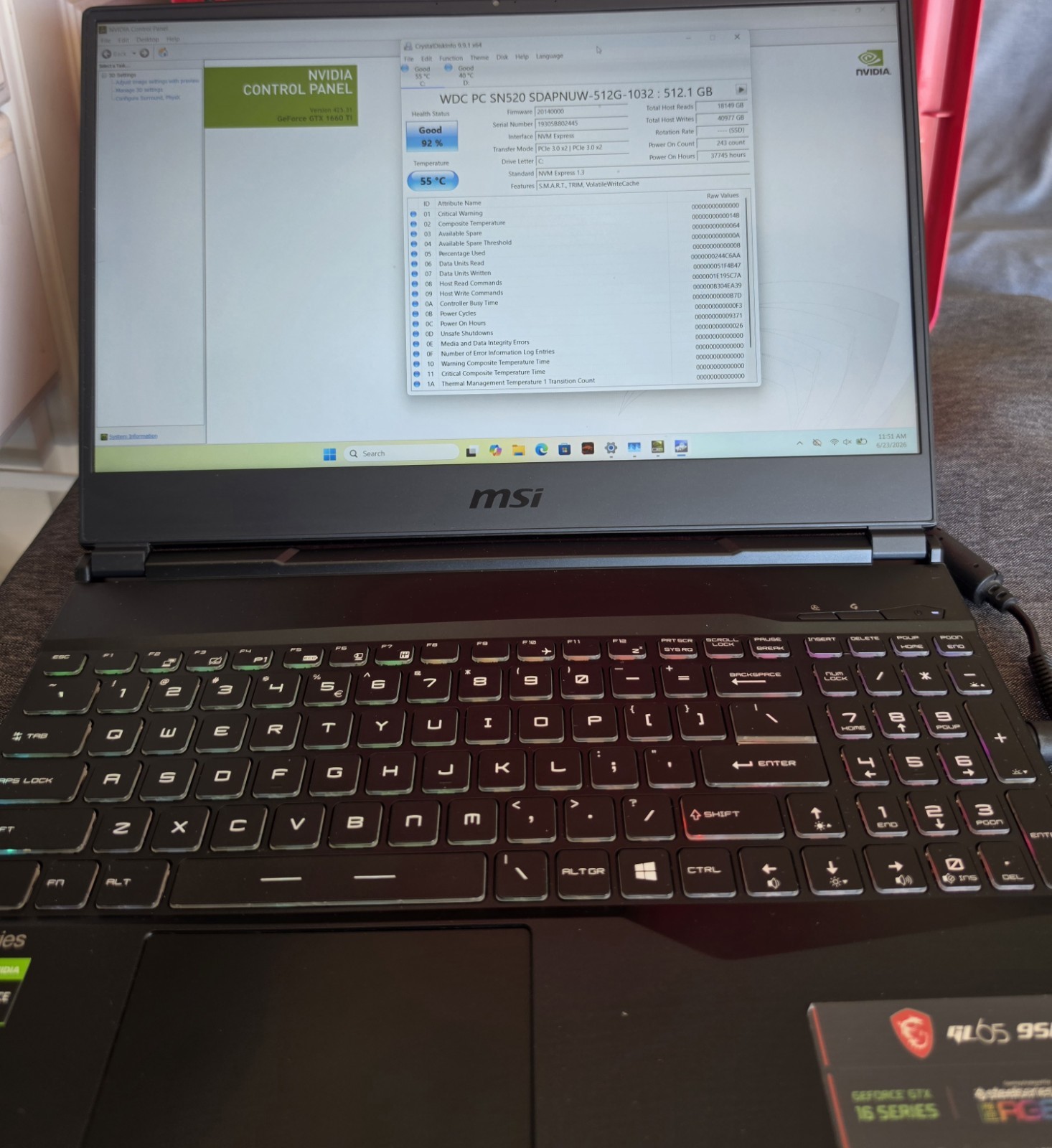 MSI GL65 9SDK 15.6″ 120Hz i7-9750H 32GB RAM 2.3TB SSD GTX 1660 Ti Win11