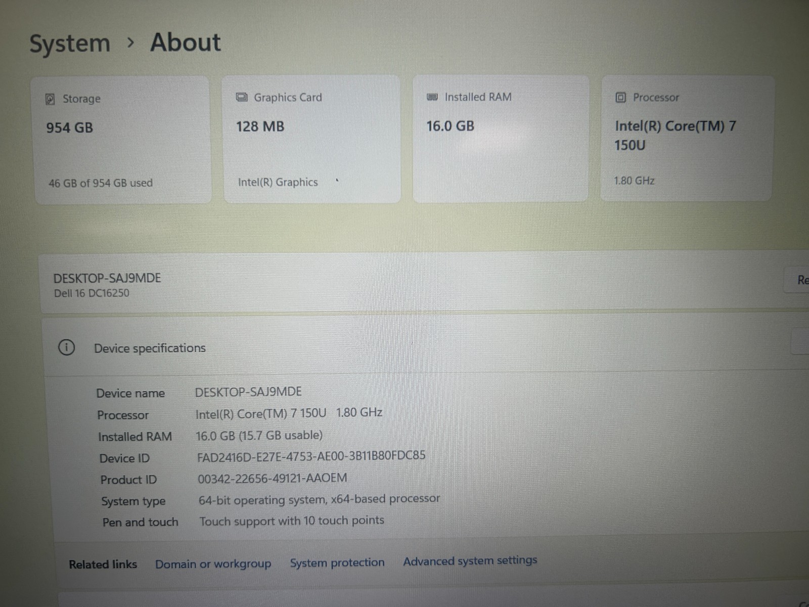 DELL 16 DC16250 MRYT3 Intel Core 7-150U, 1.80 GHz, 16 GB RAM, 1 TB NVMe