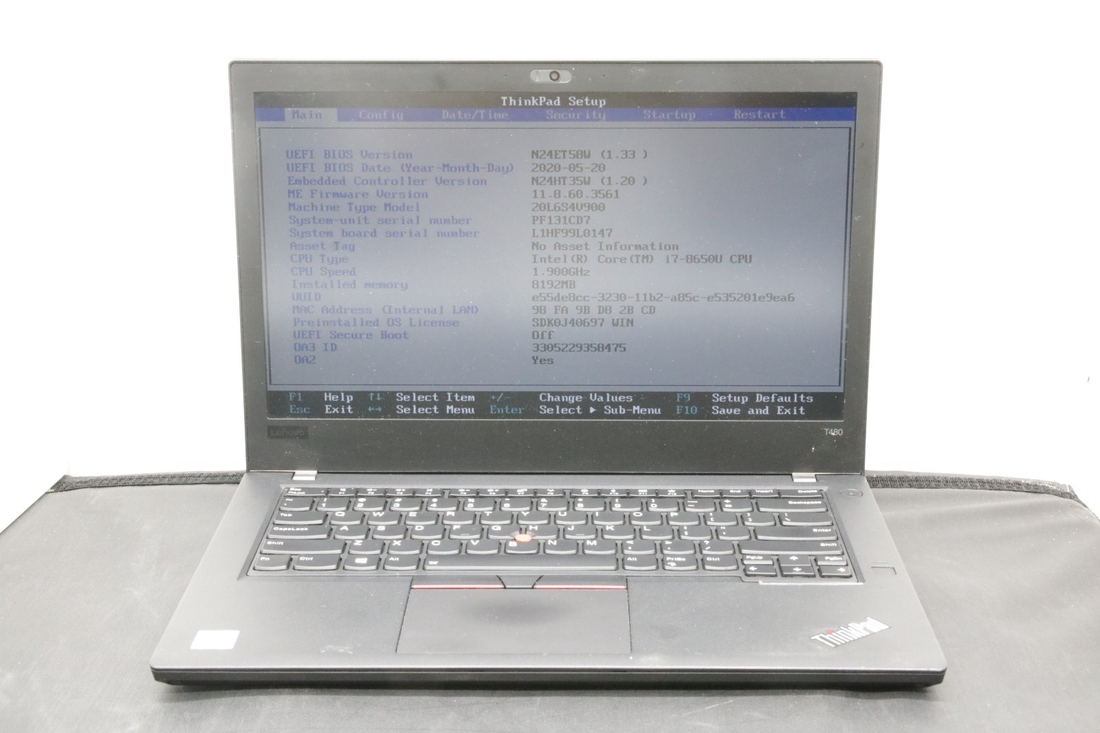 Lenovo ThinkPad T480 – i7-8650U – 8GB, No SSD, No Windows +Adapter