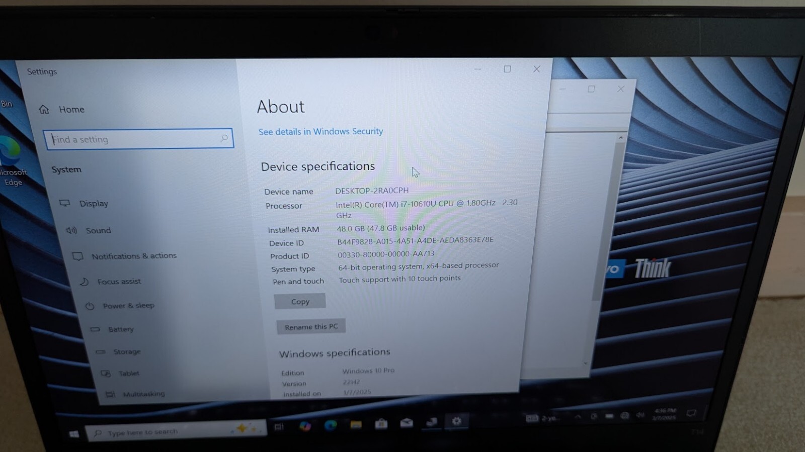 Lenovo T14 G1 i7-10610U 48GB RAM/500 GB SSD – Win 10 Pro TOUCHSCREEN