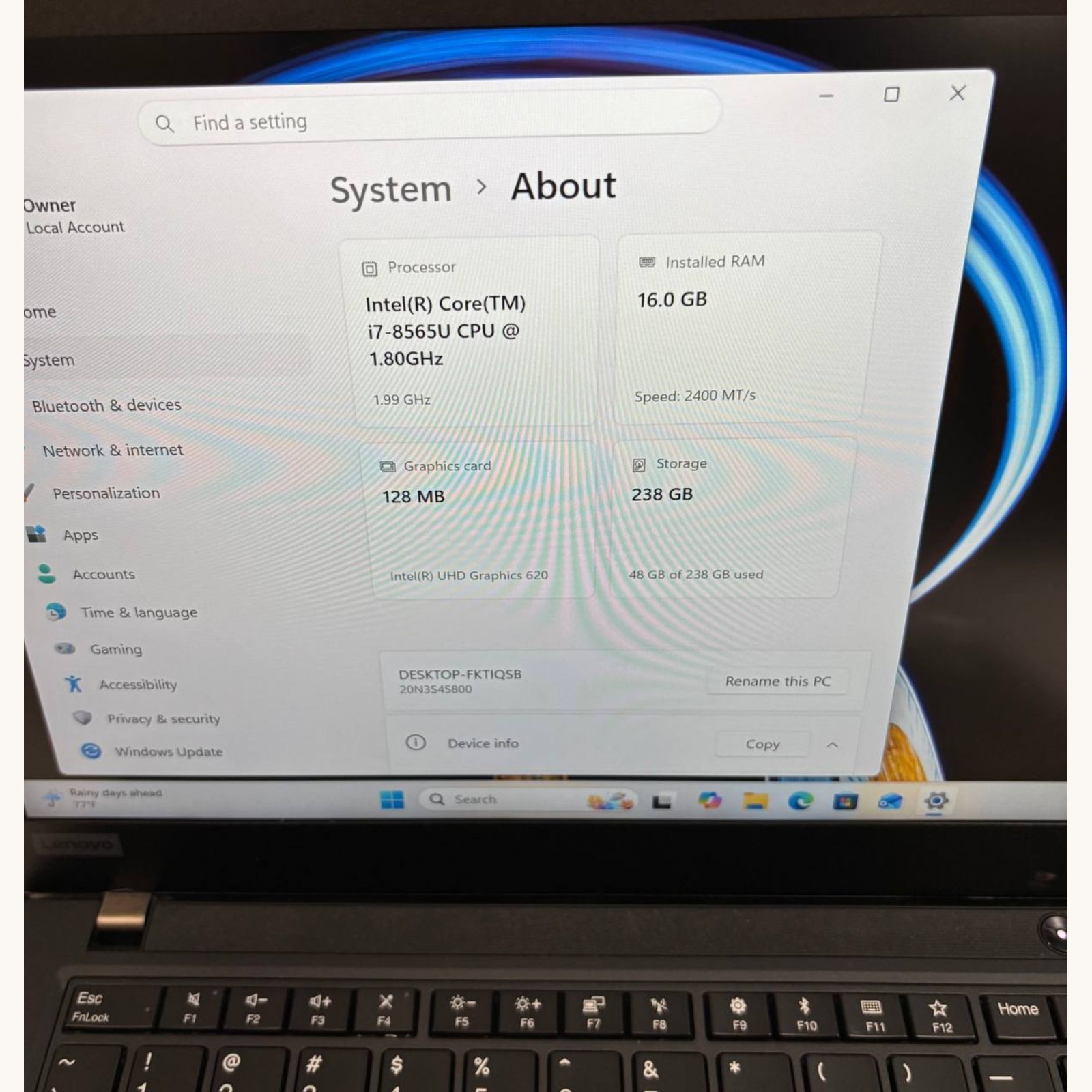 Lenovo ThinkPad T490 14” I7-8565U 1.8GHz, 16GB RAM, 256GB NVMe #77