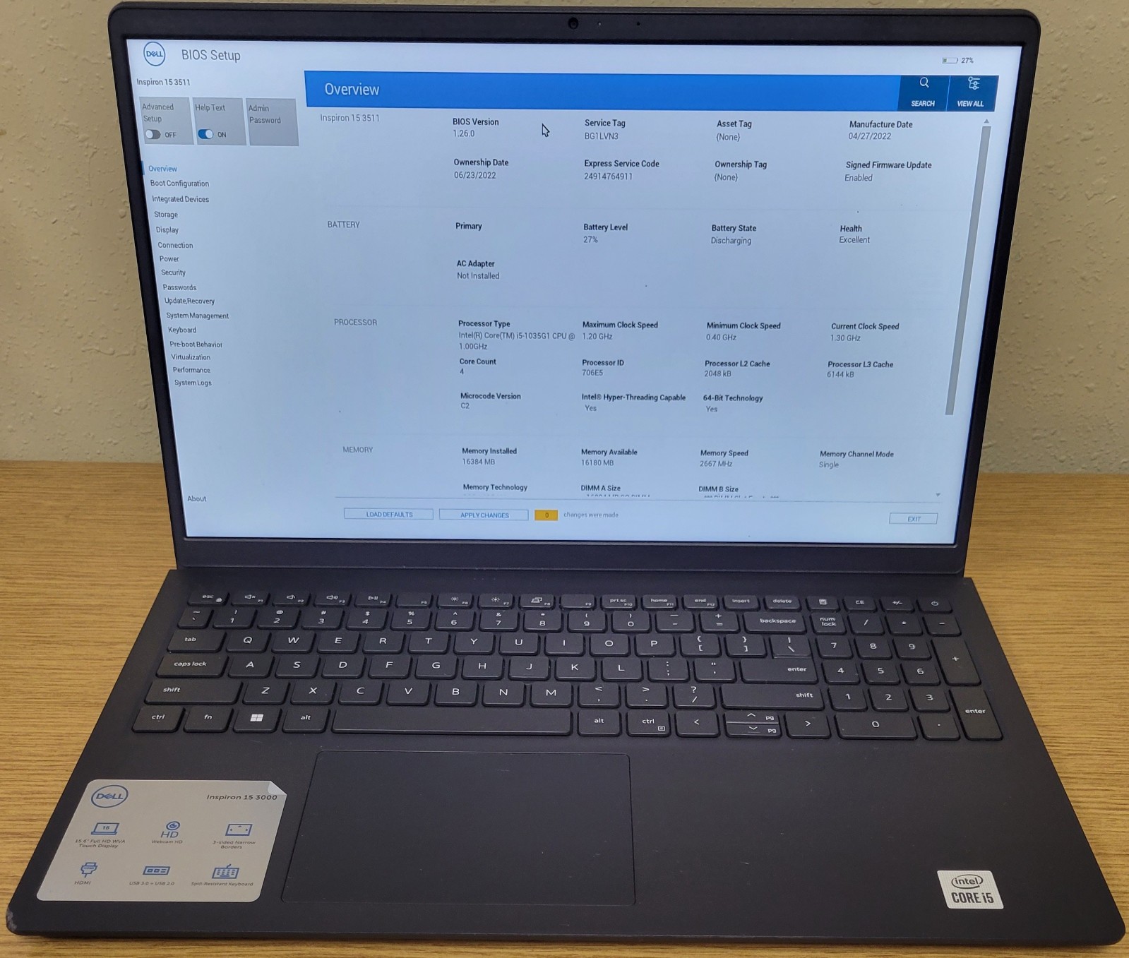 Dell Inspiron 15 3511 i5-1035G1 1.0GHz 16GB 256GB NVMe Touch Screen No OS