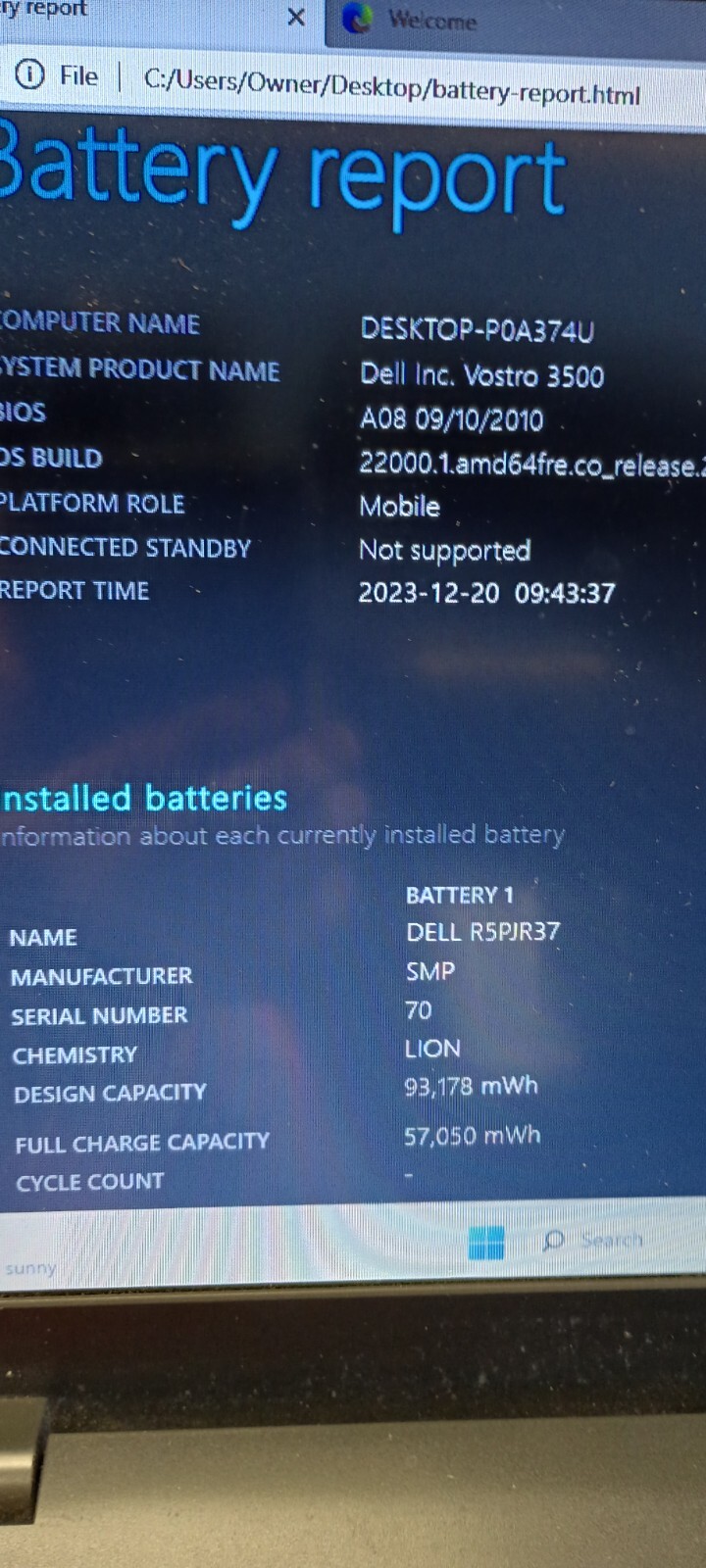 Dell Vostro 3500 (no charger) i3 M350.8GB.128GB SSD.Optical Drive.W11 Home