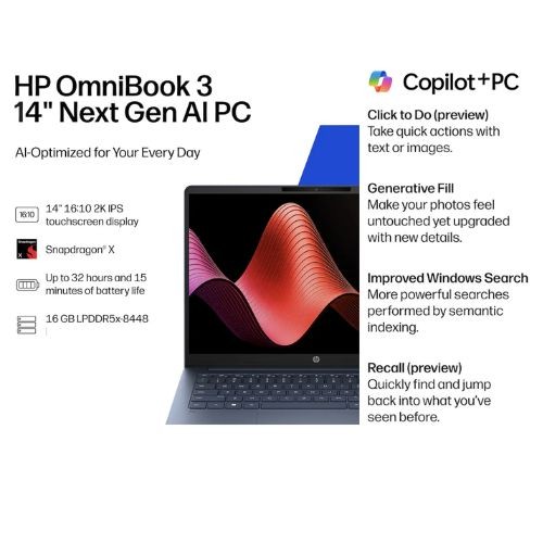 HP OmniBook 3 AI PC 14.0″ Touch WUXGA Snapdragon X X1-26-100 16GB RAM 512GB W11H