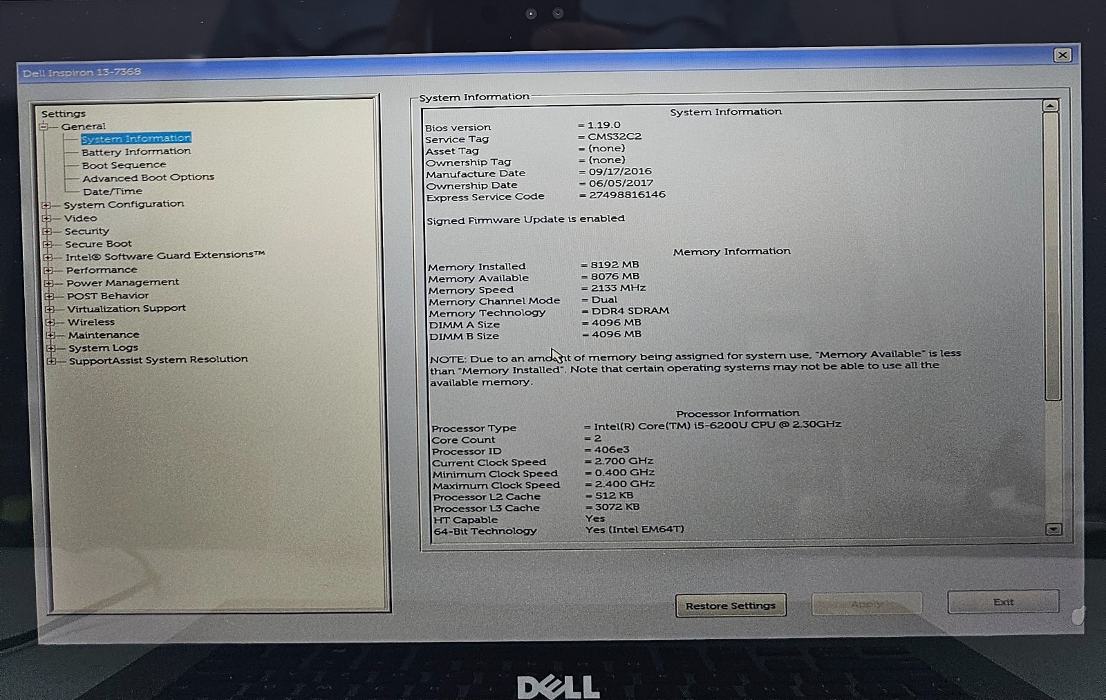 Dell Inspiron 13-7368 Laptop Intel Core i5-6200U 8GB Ram NO HD/OS/BATT (FL)