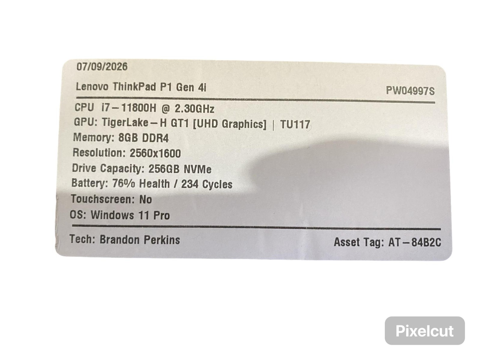 Lenovo ThinkPad P1 Gen 4i i7 11800H 8GB Win11Pro 256GB Battery Inc Grade C