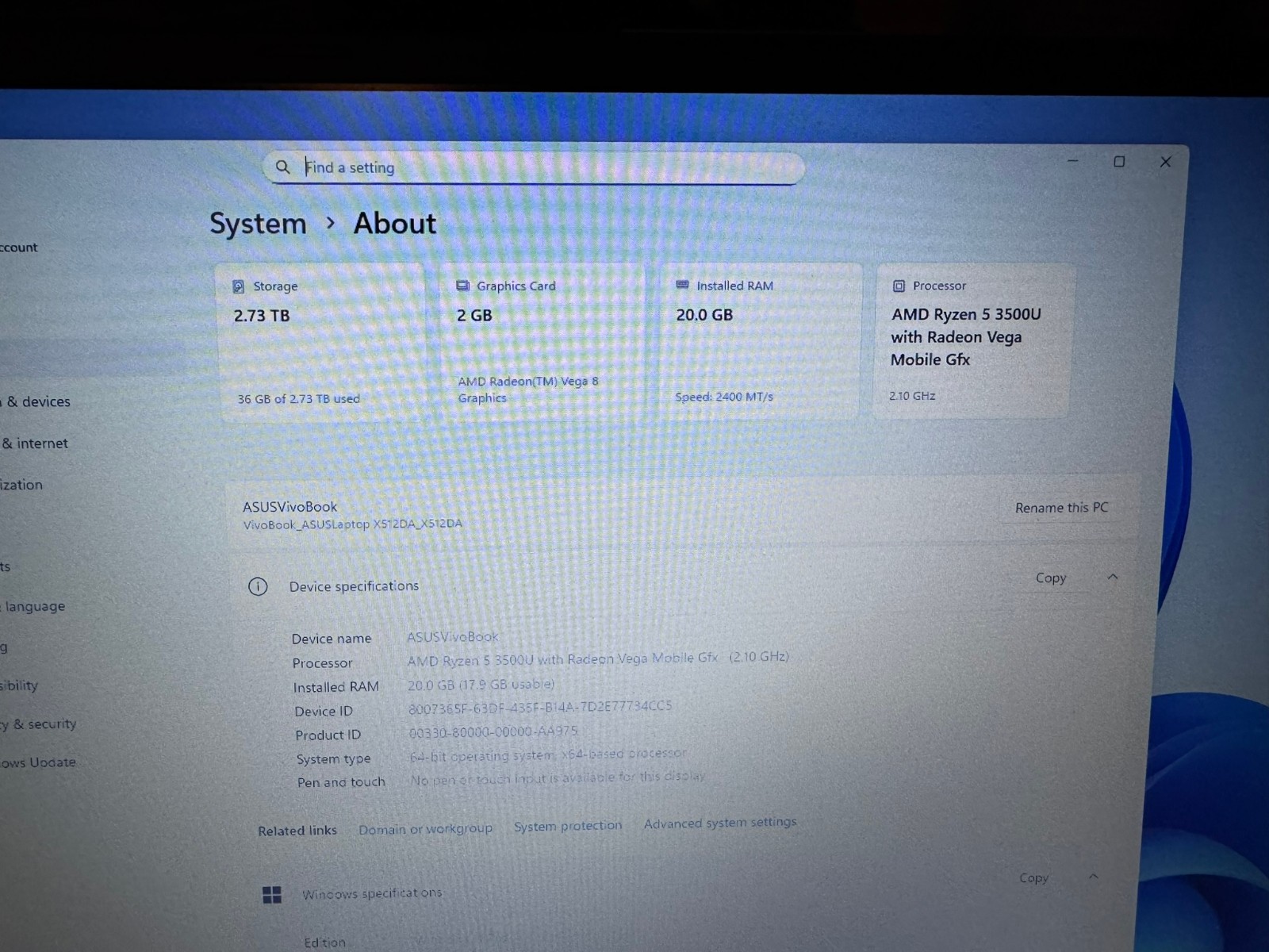 ASUS VivoBook 15 15.6″ AMD Ryzen 5 3500U 2.10GHz 20GB RAM 1TB SSD/2TB HDD Win11P