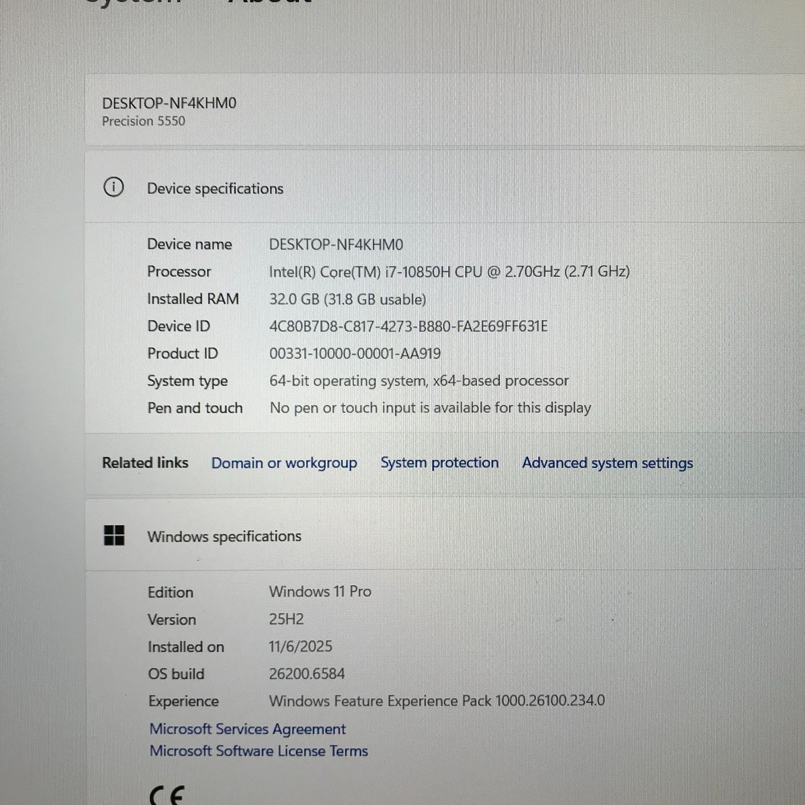 Dell Precision 5550 15.6″ FHD i7-10850H 2.7GHz 32GB RAM 512GB SSD Window 11 Pro