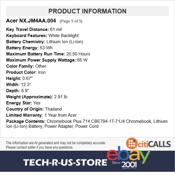Acer NX.JM4AA.004 Chromebook Plus 714 14″ Touch Ultra 7 155U 16GB 512GB SSD
