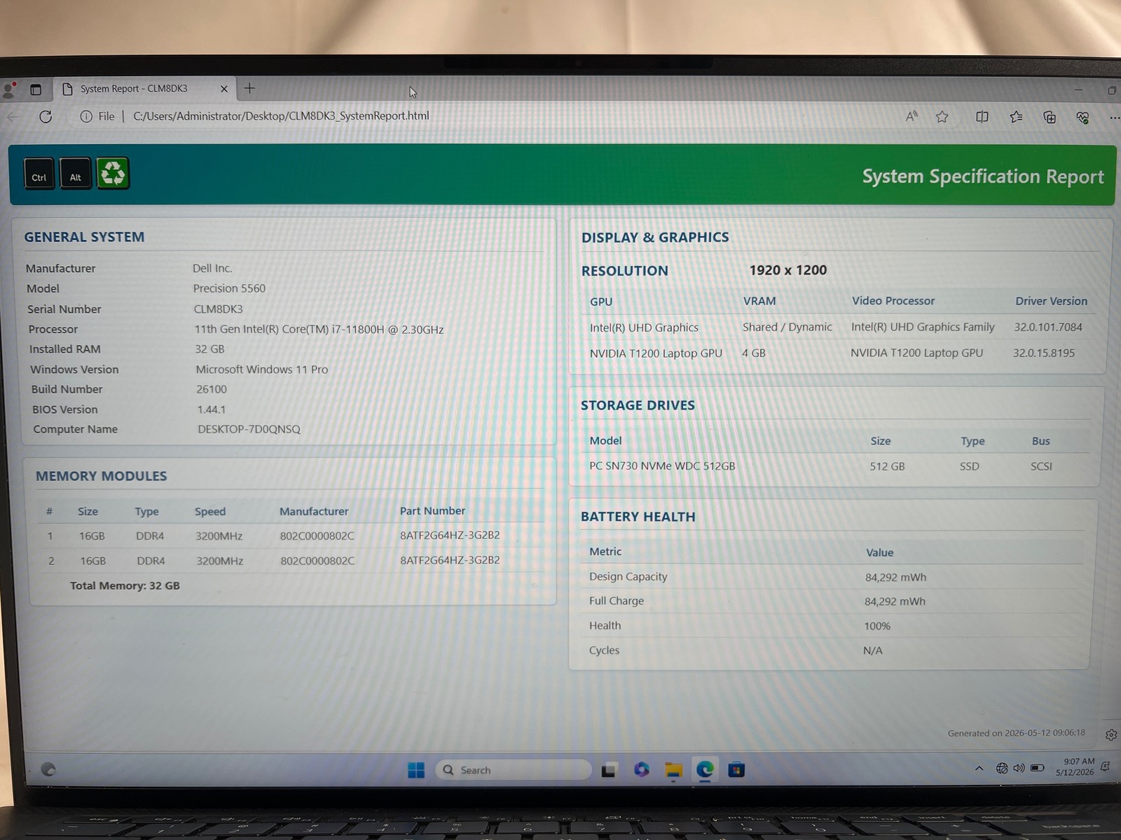 Dell Precision 5560 i7-11800H 2.3GHz 32 GB 512GB SSD 15.6″