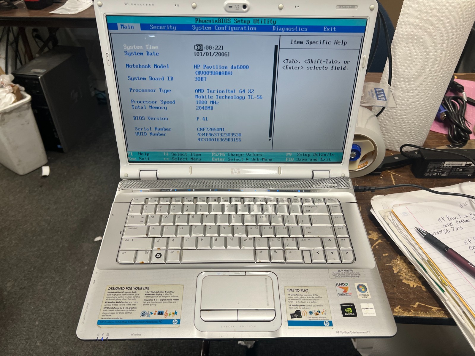 HP Pavilion DV6000 AMD Turion 64 X2 2GB No HDD No OS