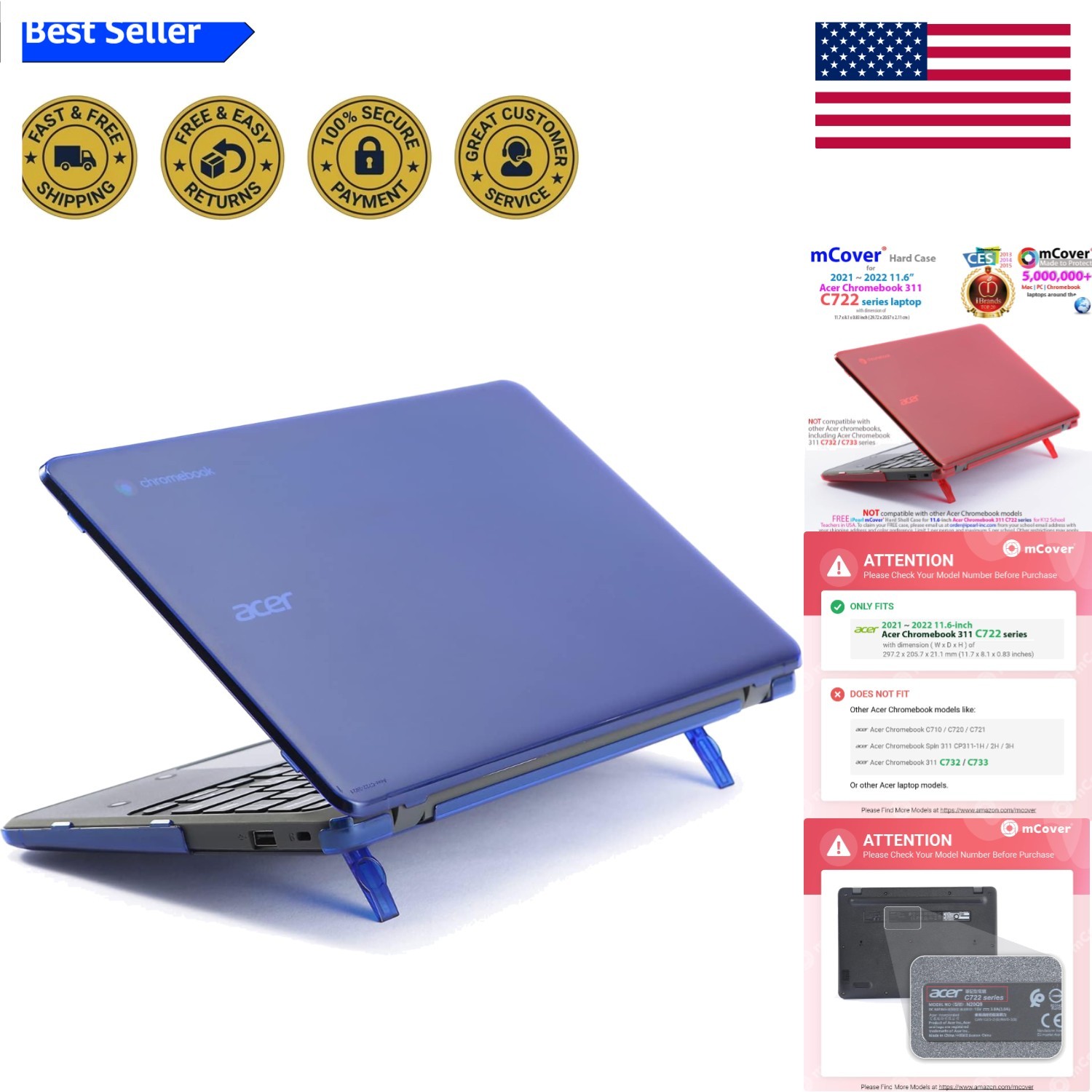 Durable Clip-On Hard Case for 11.6″ Acer Chromebook 311 C722 – Stunning Blue
