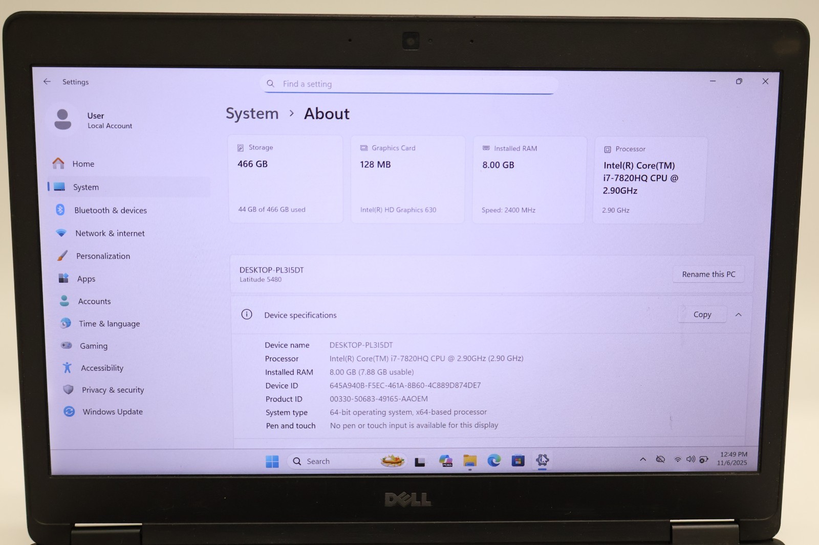 Dell Latitude 5480 i7-7820HQ 8GB Ram 500GB HDD Laptop Win 11 Pro Poor Battery