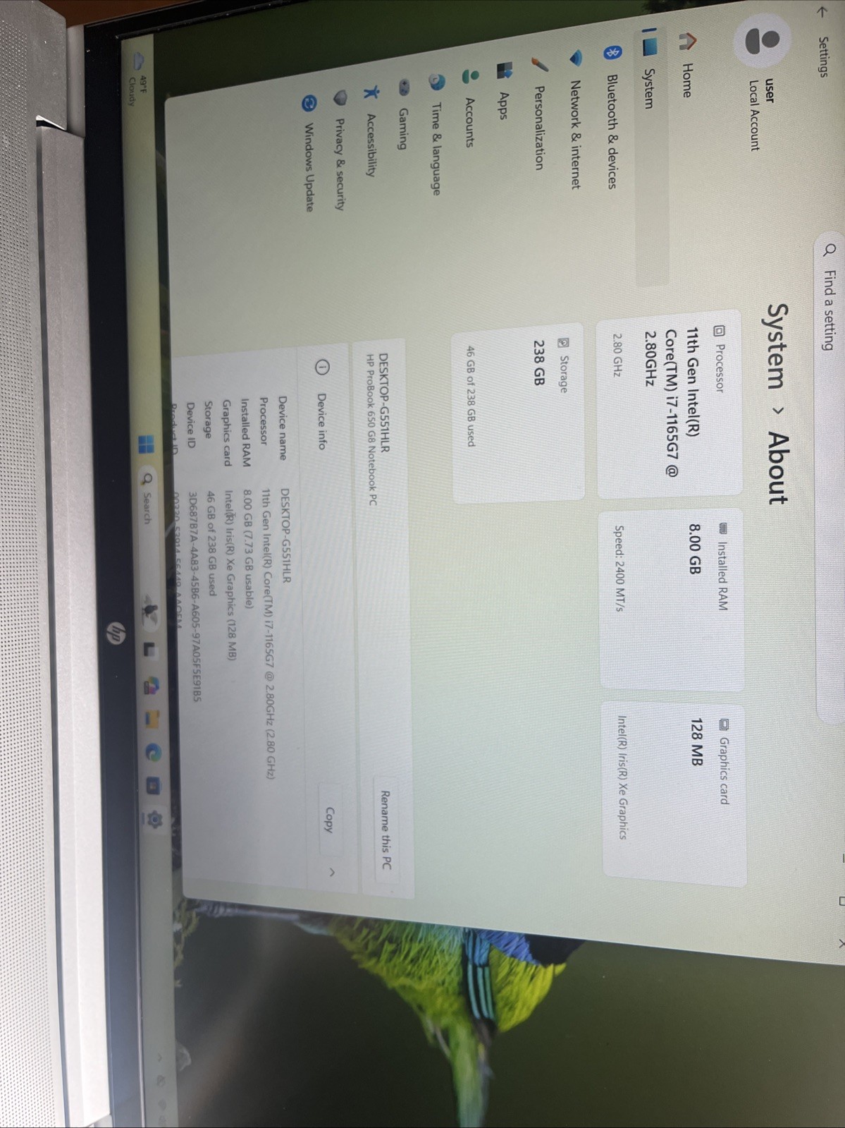 hp ProBook 650 g8 i7-1165G7@2.80GHz 8GB RAM 256GB SSD