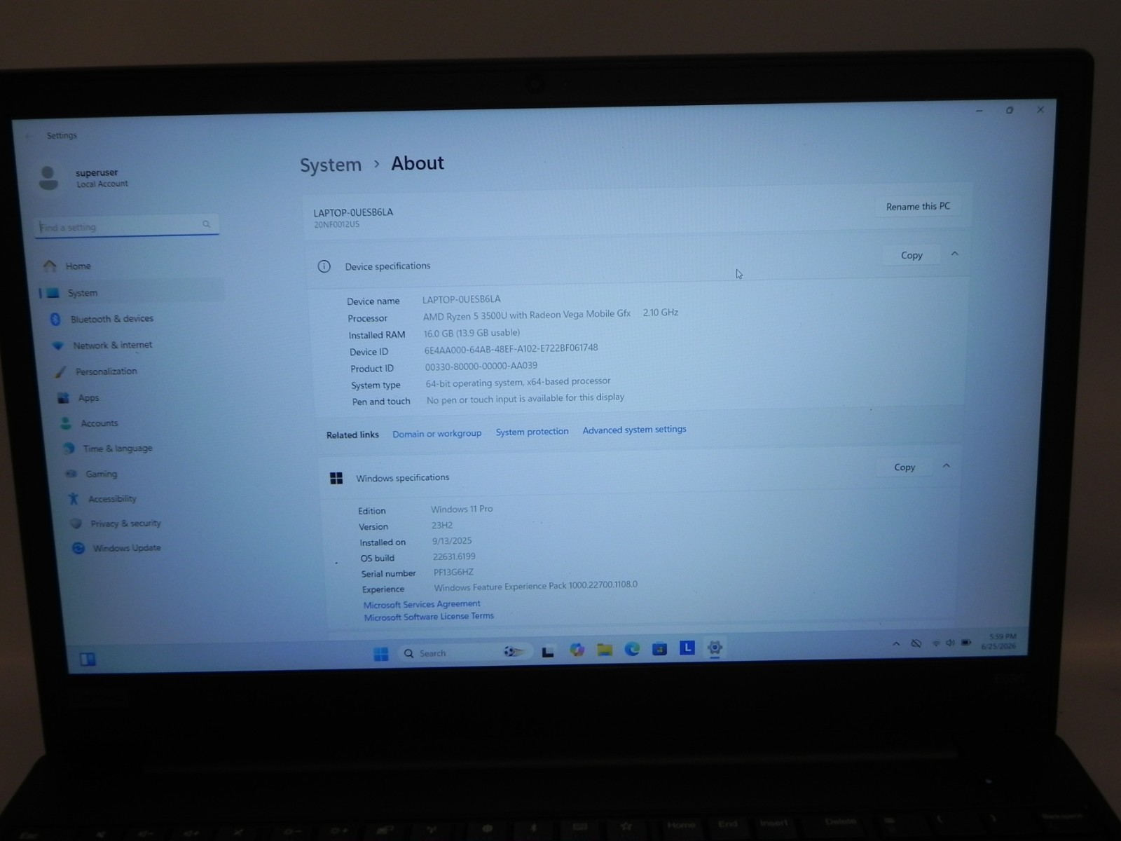 Lenovo ThinkPad E595 15.6″ Windows 11 AMD Ryzen 5-3500 2.1GHz 16GB RAM 256SSD