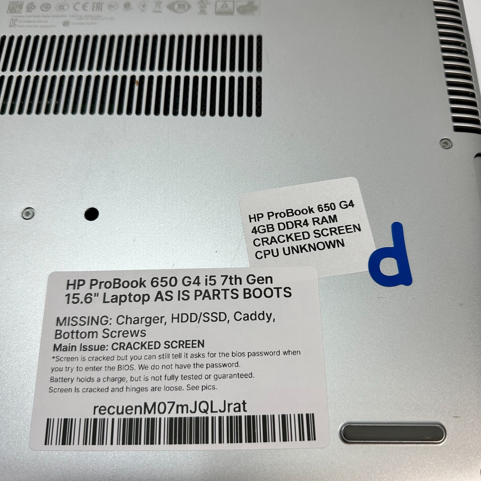 HP ProBook 650 G4 i5 7th Gen 15.6″ Laptop AS IS PARTS BOOTS CRACKED