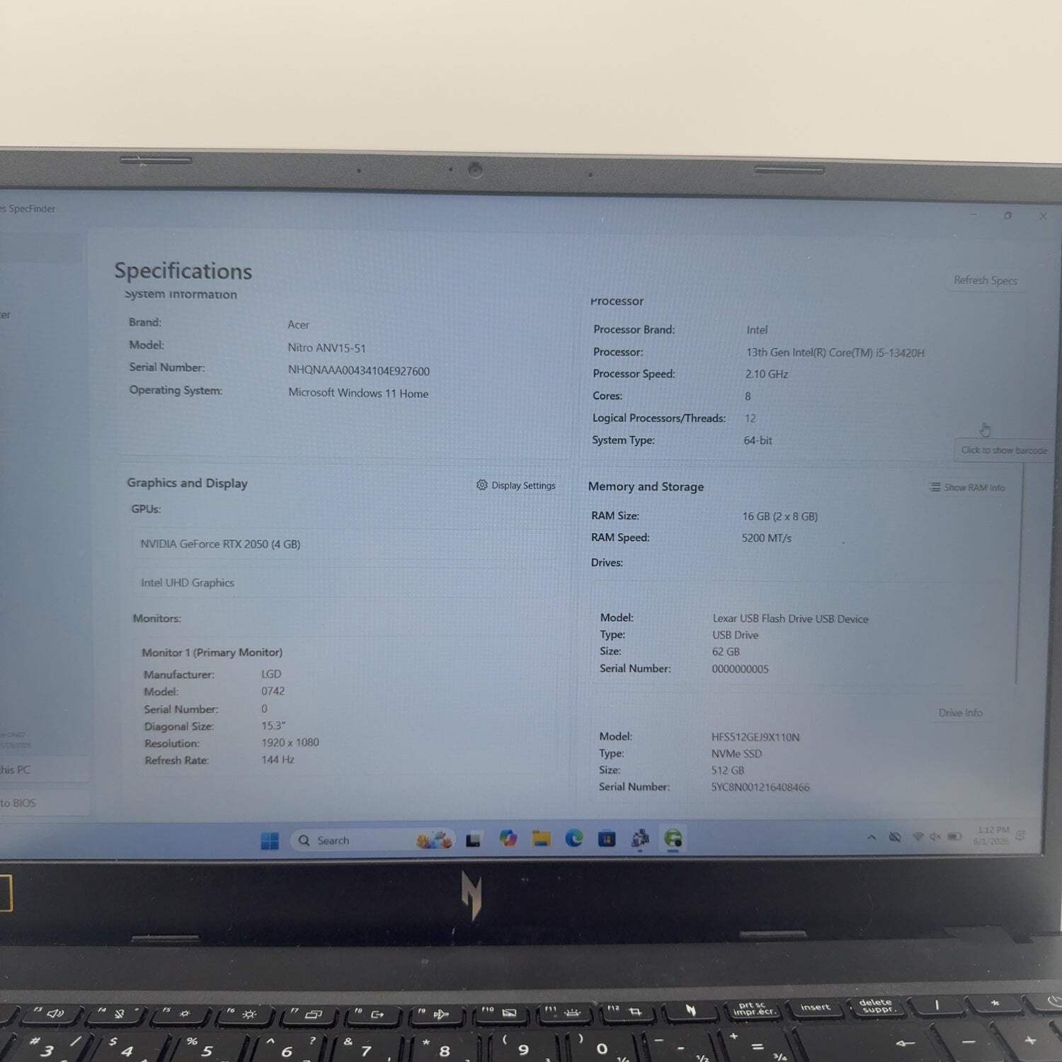 Acer Nitro V 15 ANV15-51 15.3″ i5-13420H 2.1GHz 16GB RAM 512GB GeForce RTX 2050