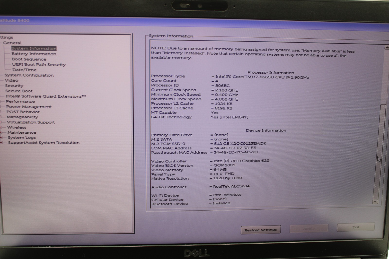Dell Latitude 5400 i7-8665U @ 1.9 GHz 16GB RAM 512GB SSD Windows 11 Home