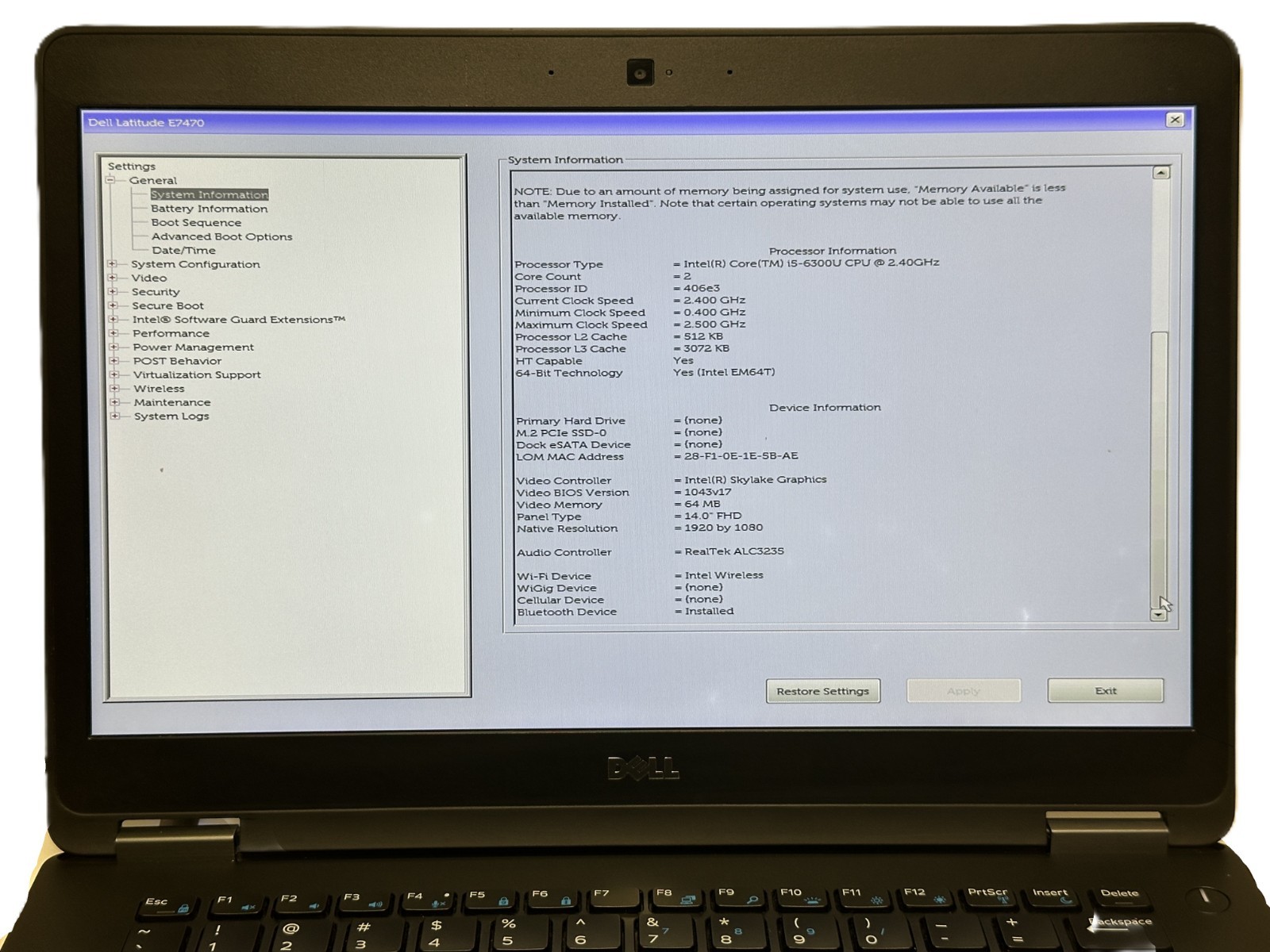 Dell Latitude E7470 14” i5-6300U 2.4GHz | NO RAM, SSD, Battery, AC | ✅BIOS
