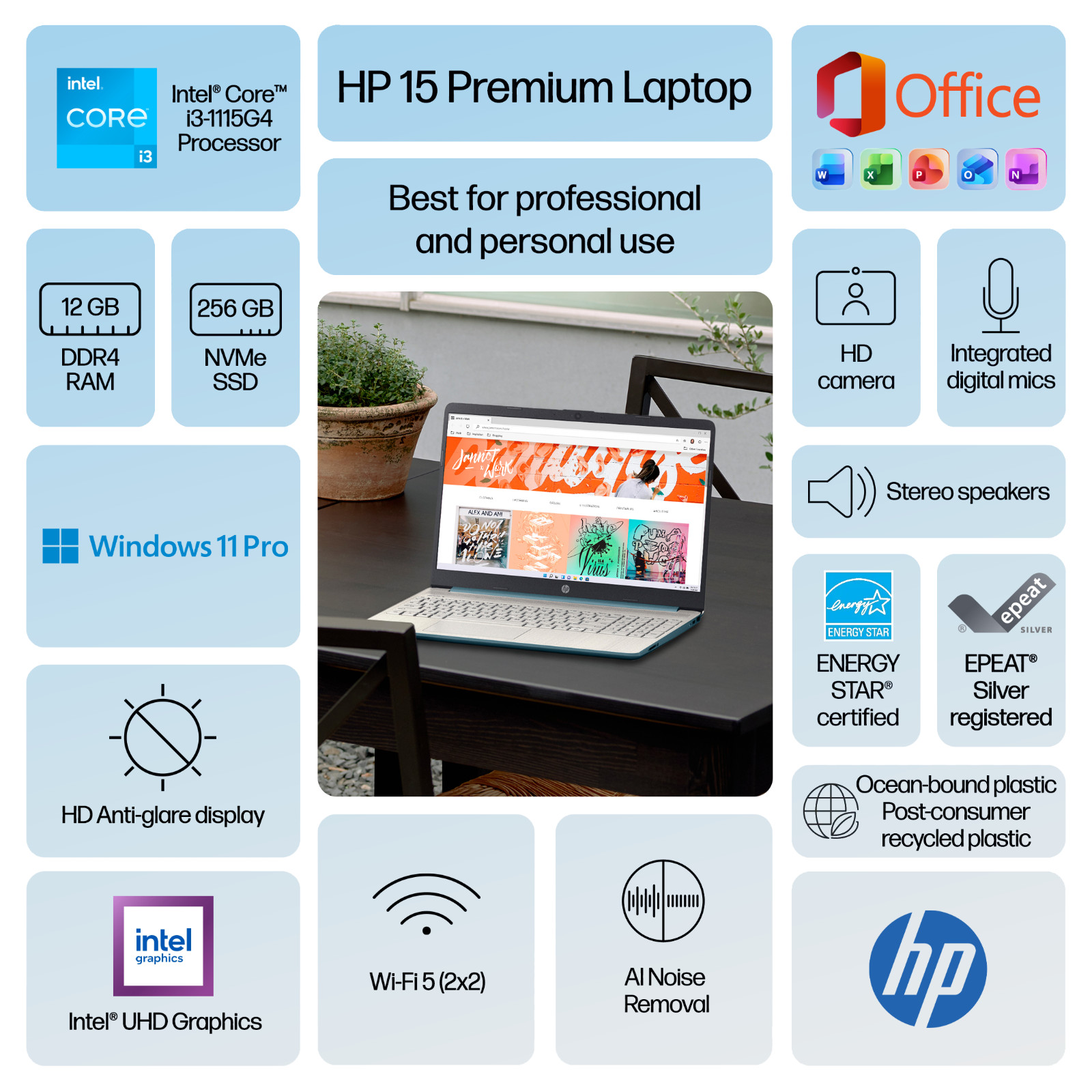 HP Laptop Computer Office 2024 15.6″ Intel Core i3 12GB RAM 256GB SSD Win 11 Pro