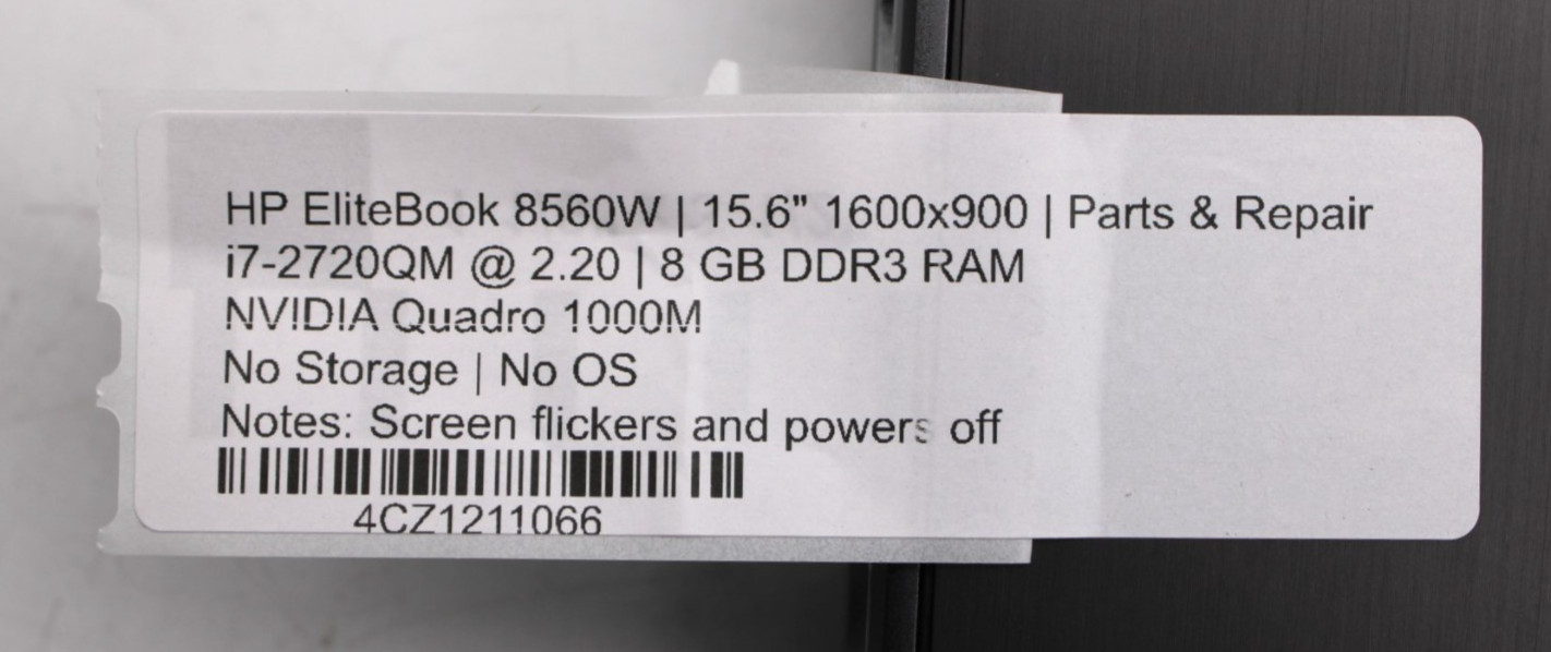 HP EliteBook 8560W-i7-2720QM@2.4GHz-8GB DDR3 RAM-NO STORAGE/OS *PARTS/REPAIR*