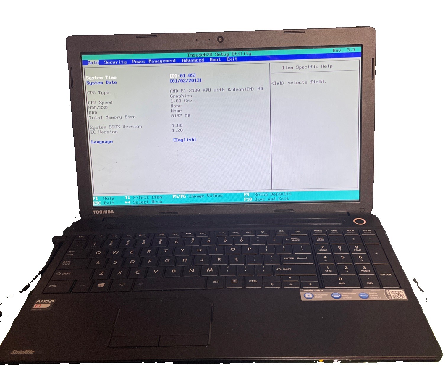 Toshiba Satellite C55D-A5344 (AMD E1-2100 APU)(8GB MEMORY)(NO HHD)(BAD BATTERY)