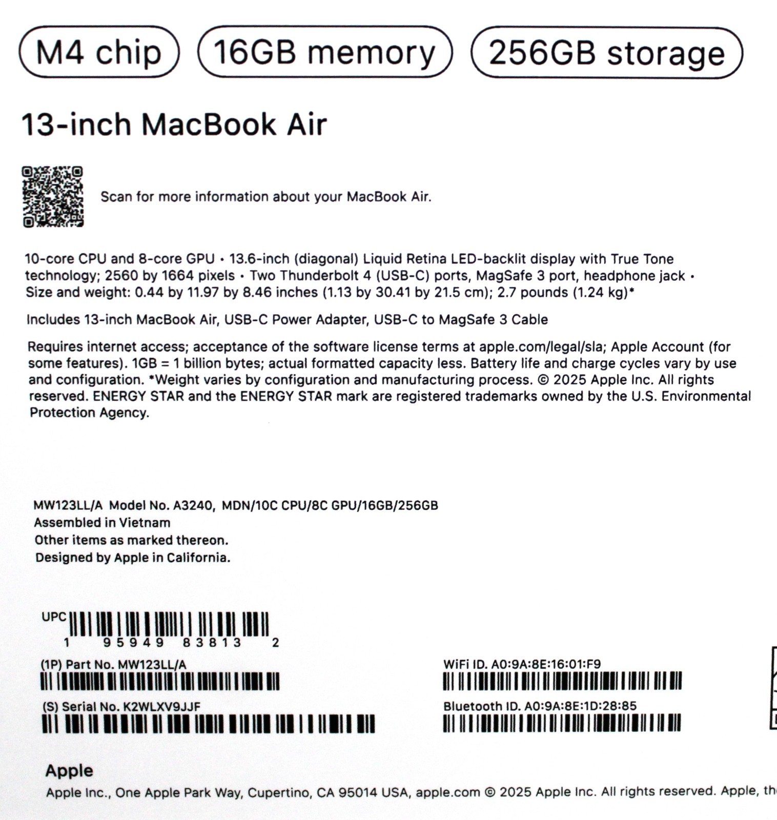 Apple | MW123LL/A | A3240 MacBook Air | 16Gb Memory | 256Gb Storage – Open Box