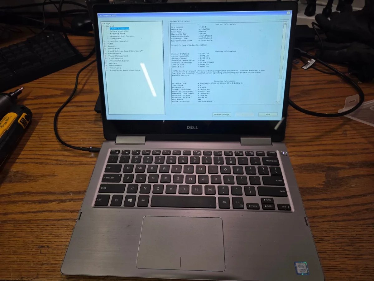 Dell Inspiron 7373, i5-8250U, 8GB, NO SSD/OS, POSTS, For Parts