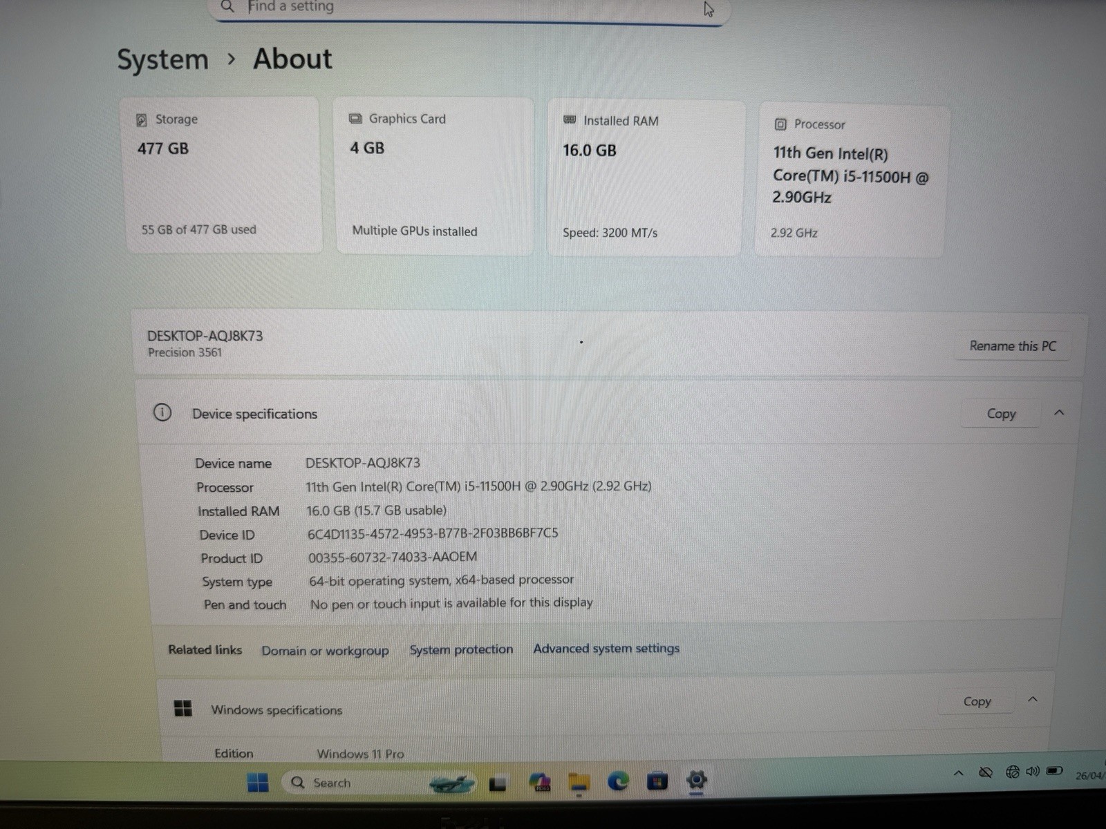 Dell Precision 3561 i5-11500H NVIDIA T600 16GB RAM 512GB SSD .