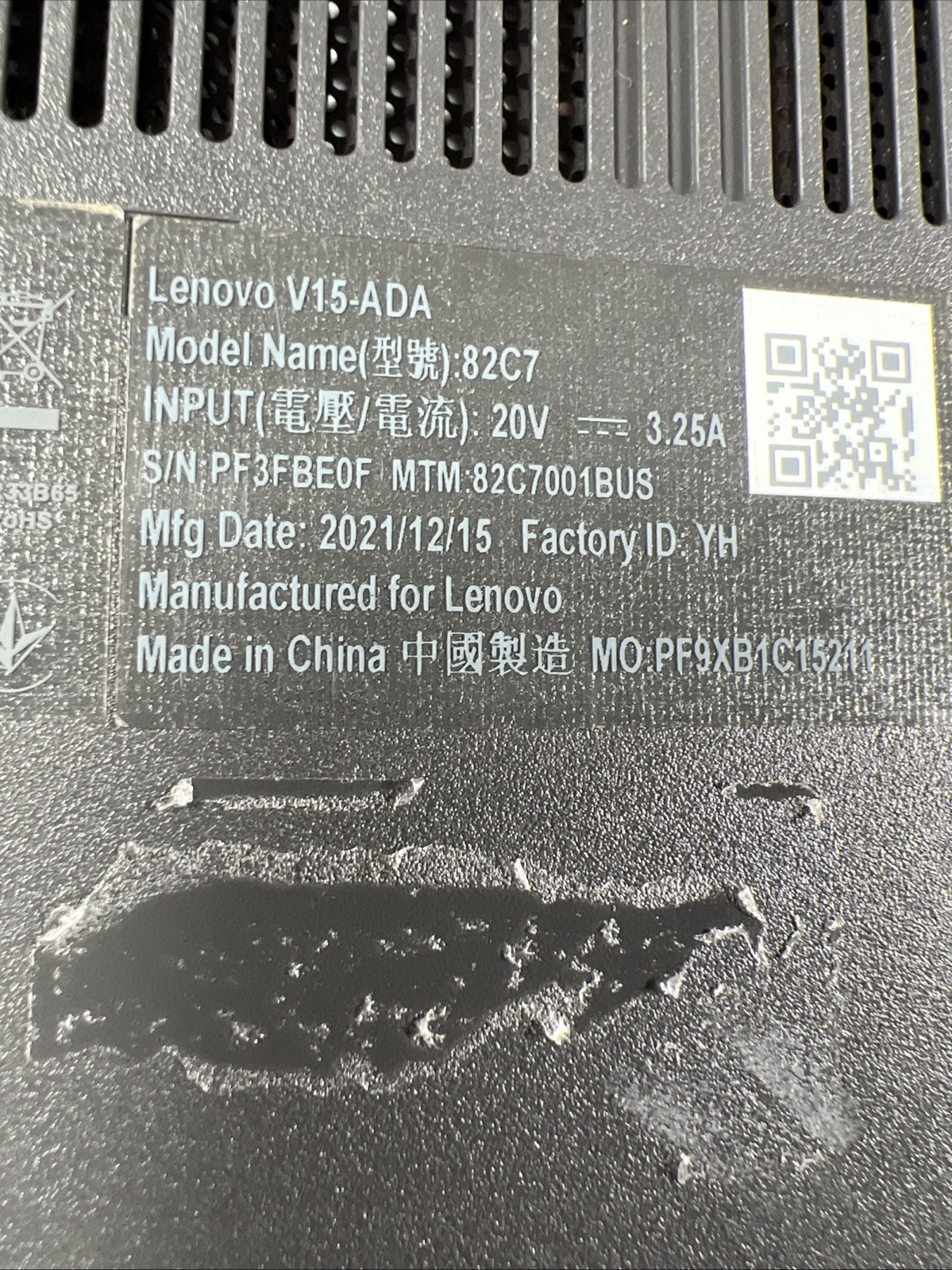 LENOVO V15-ADA AMD ATHLON GOLD 3150U 8GB RAM **NO HD/ NO CADDIE/ NO OS