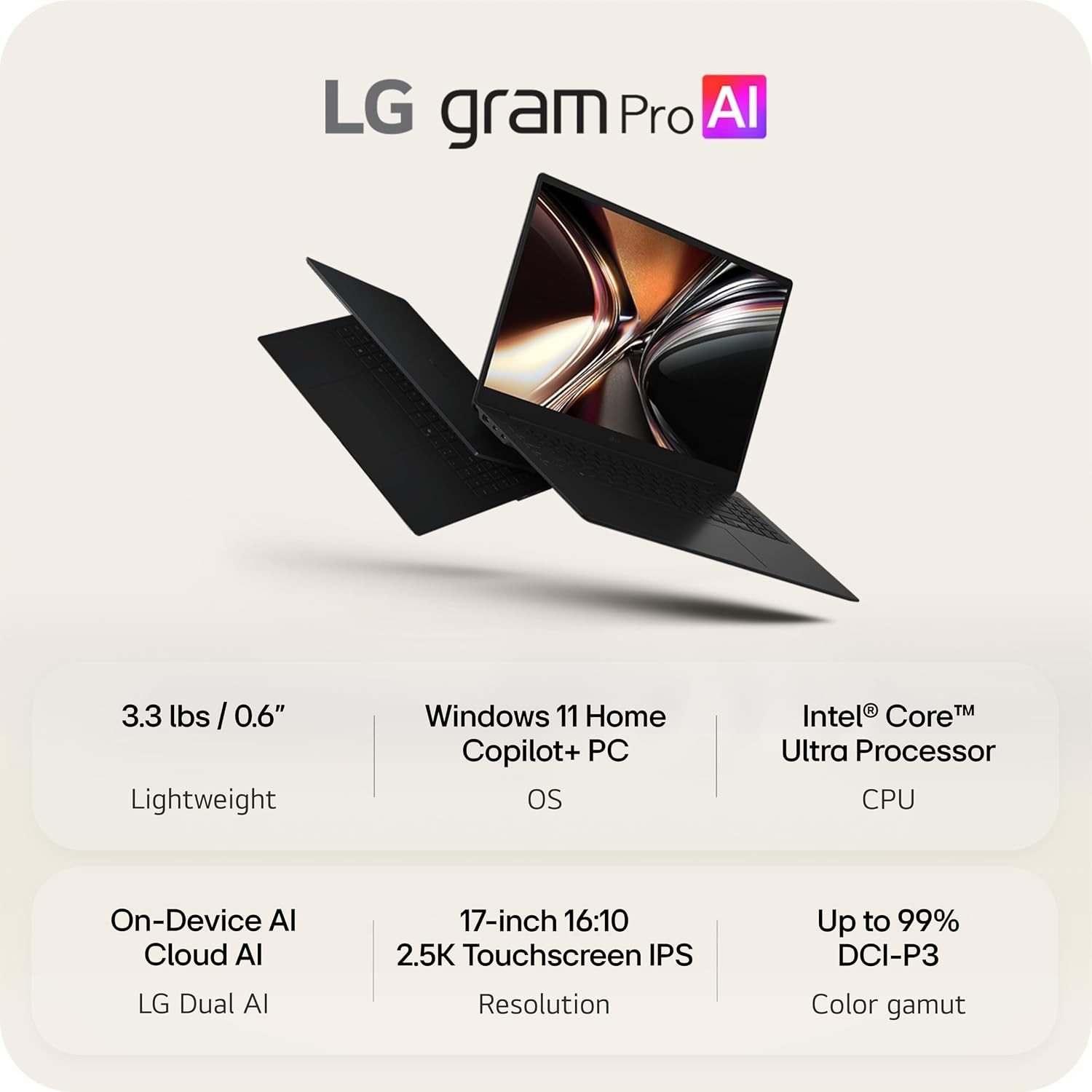 LG Gram Pro 17: Ultra 7 355, 32GB RAM, 1TB SSD, 17″ 2560×1600 Touchscreen