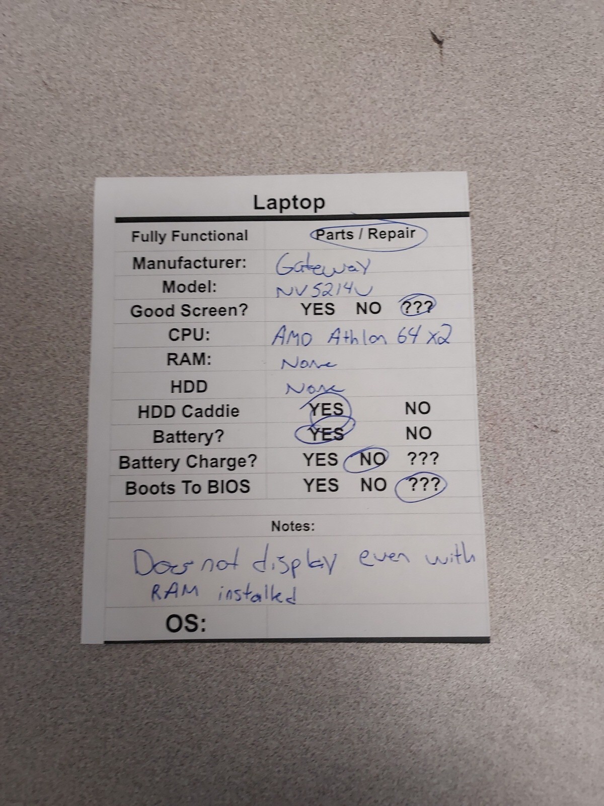 Gateway nv5214u – AMD Athlon 64 x2 – NO RAM/HDD – DOES NOT DISPLAY EVEN WITH RAM