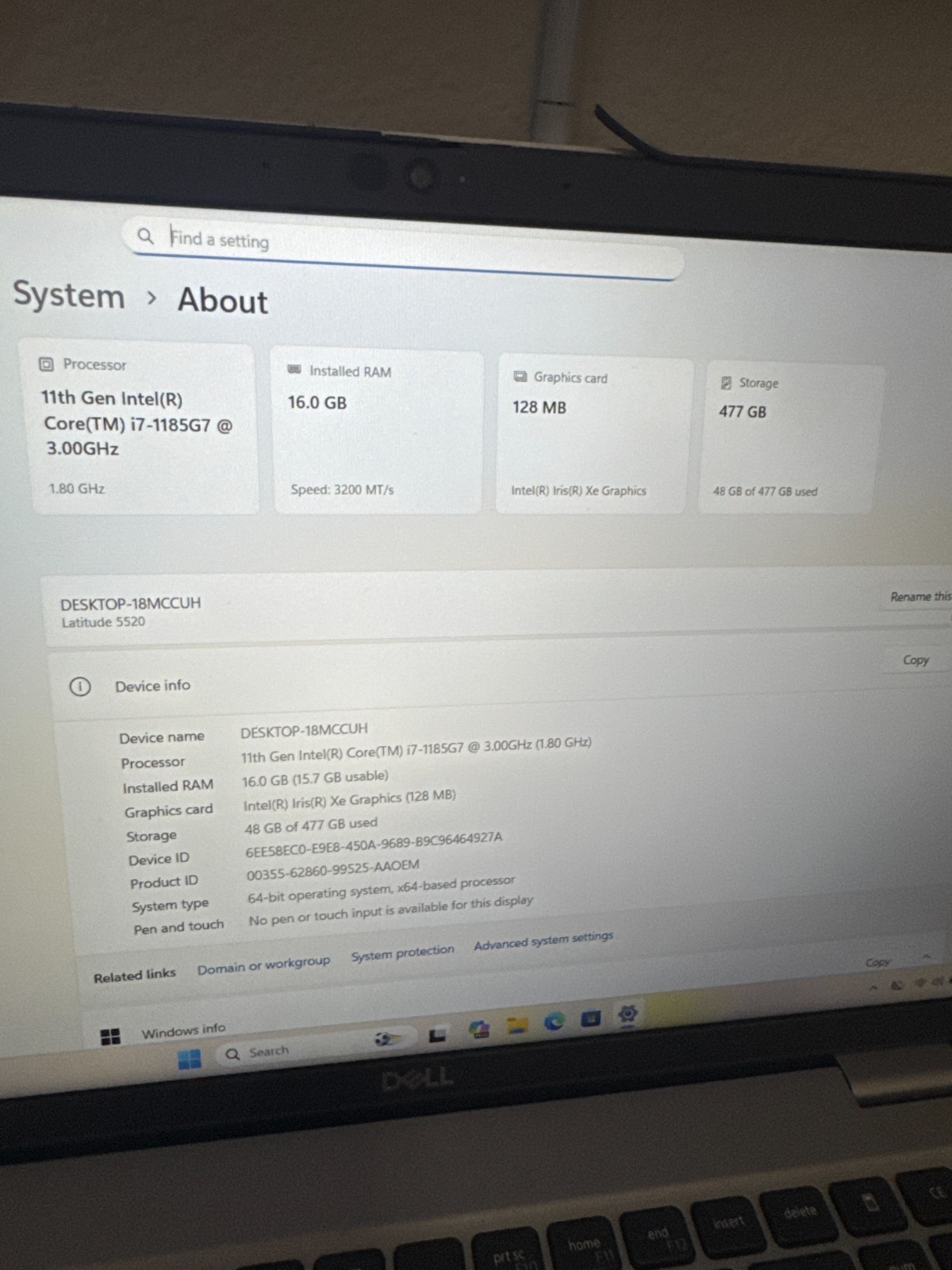 DELL Latitude 5520 i7 11th Gen., 477Gb Storage, 16GB Ram, No power adapter.