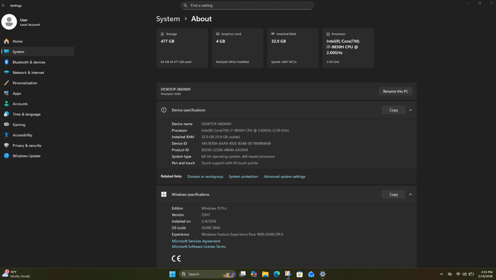 Dell Precision 3541 Mobile Workstation Intel(R) Core(TM)i7-9850H CPU @2.6 GHz 36