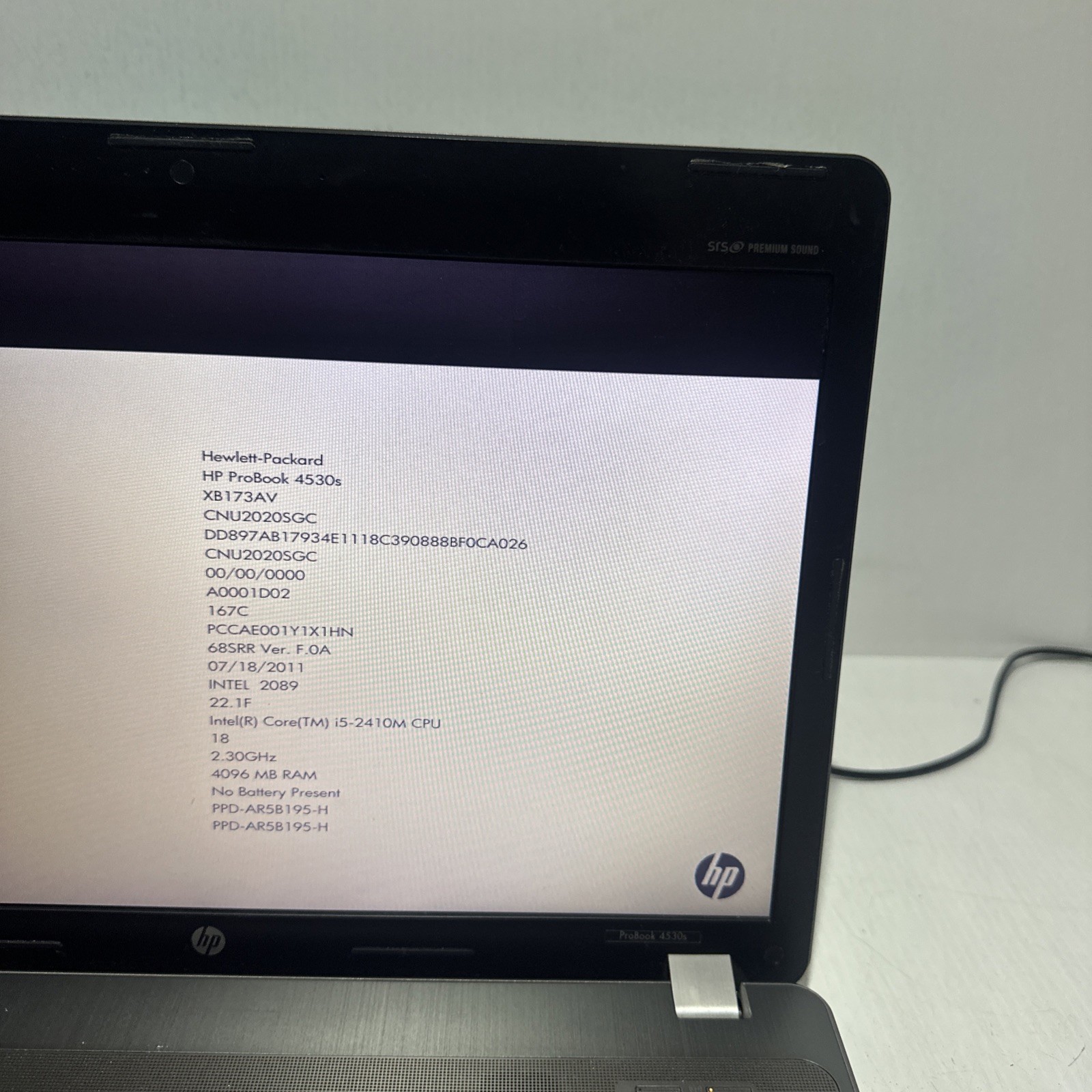 Hp Probook 4530s 15″ Laptop i5-2410m 4gb Ram No Drives Boots Bios NO P/S