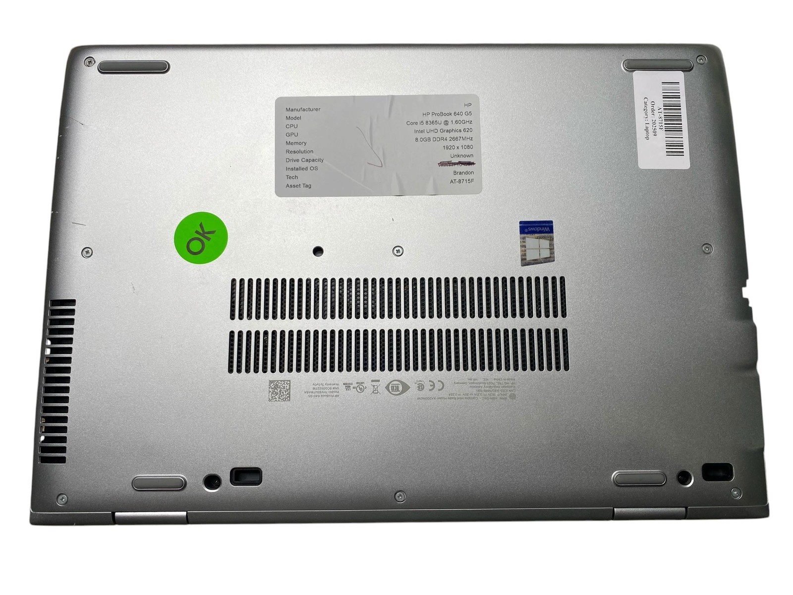 HP ProBook 640 G5 Core i5 8365U 8GB No OS/SSD Battery Inc Grade C