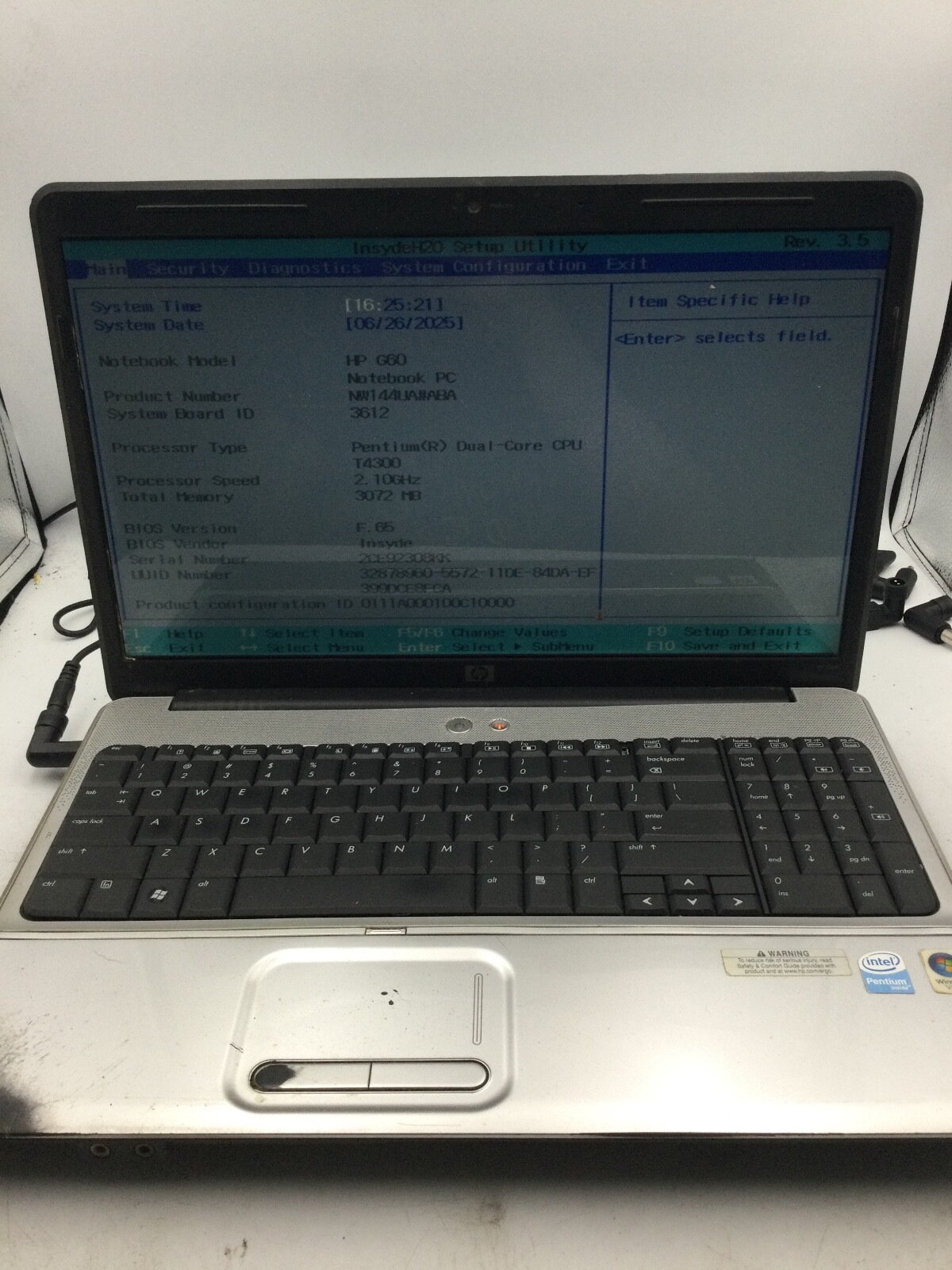 HP G60 LAPTOP – BOOTS TO BIOS – INTEL PENTIUM DUAL CORE – 3GB RAM – READ DESC-BB