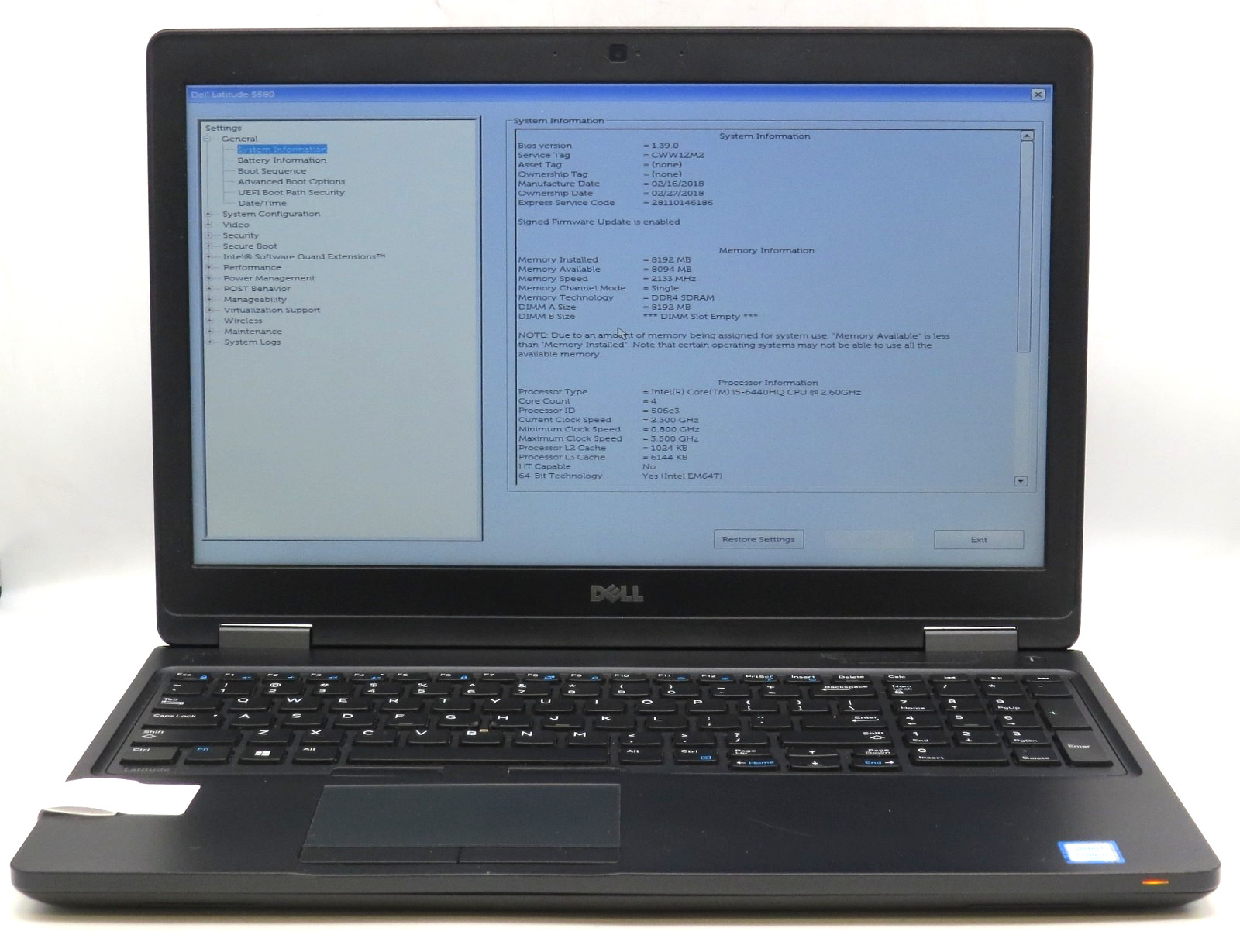 Dell Latitude 5580 _ i5-6440HQ @ 2.6 _ 8GB RAM _ No SSD / OS