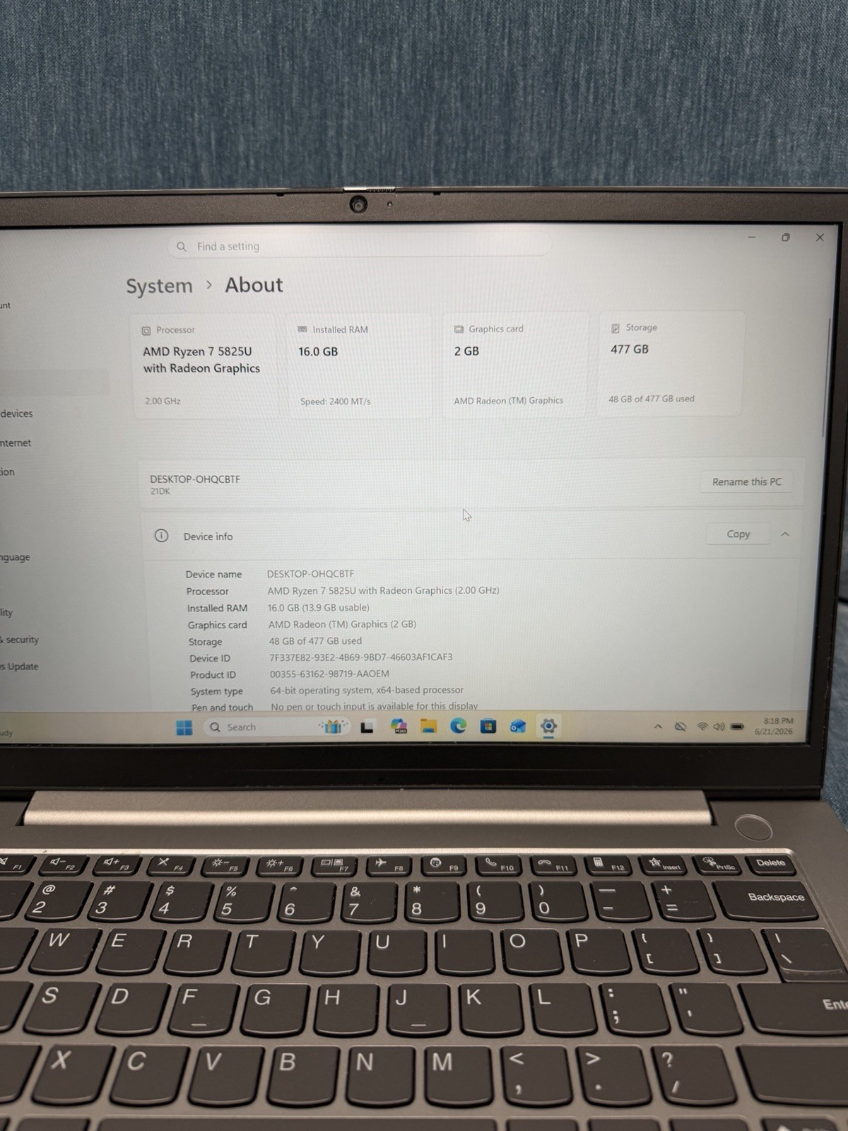Lenovo ThinkBook 14 G4 ABA 14″ Laptop AMD Ryzen 7 5825U 16GB 512GB NVME.