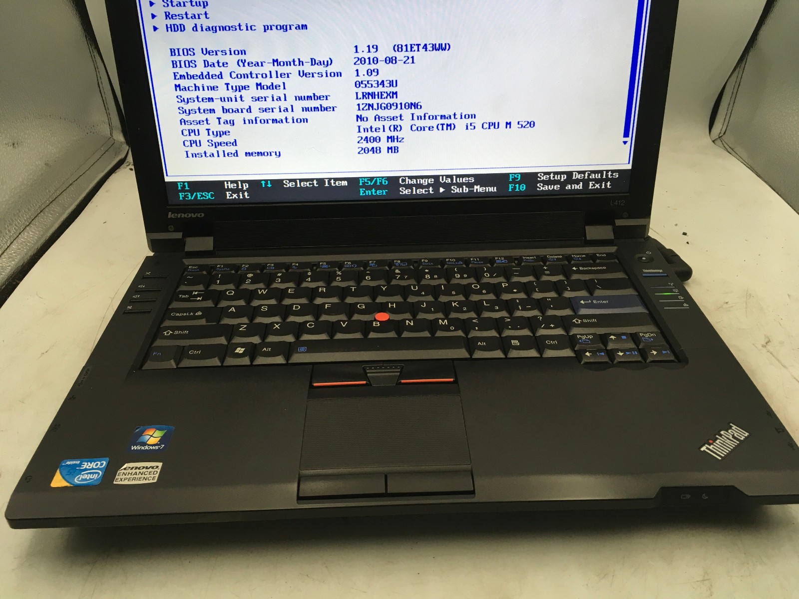LENOVO THINKPAD L412 – BOOTS TO BIOS – INTEL I5 M520 – NO RAM – READ DESC – BB