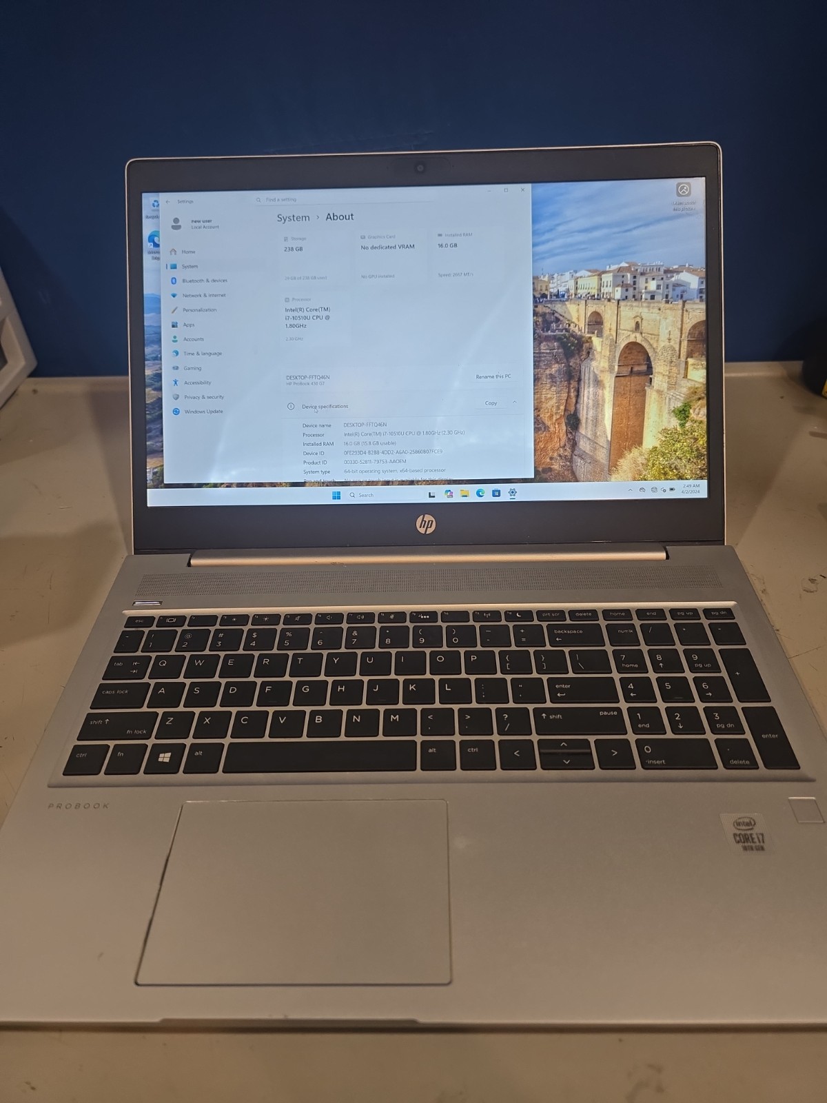 HP PROBOOK 450 G7 I7-10510U 16GB RAM 256gb MVME W11Pro Damaged Screen
