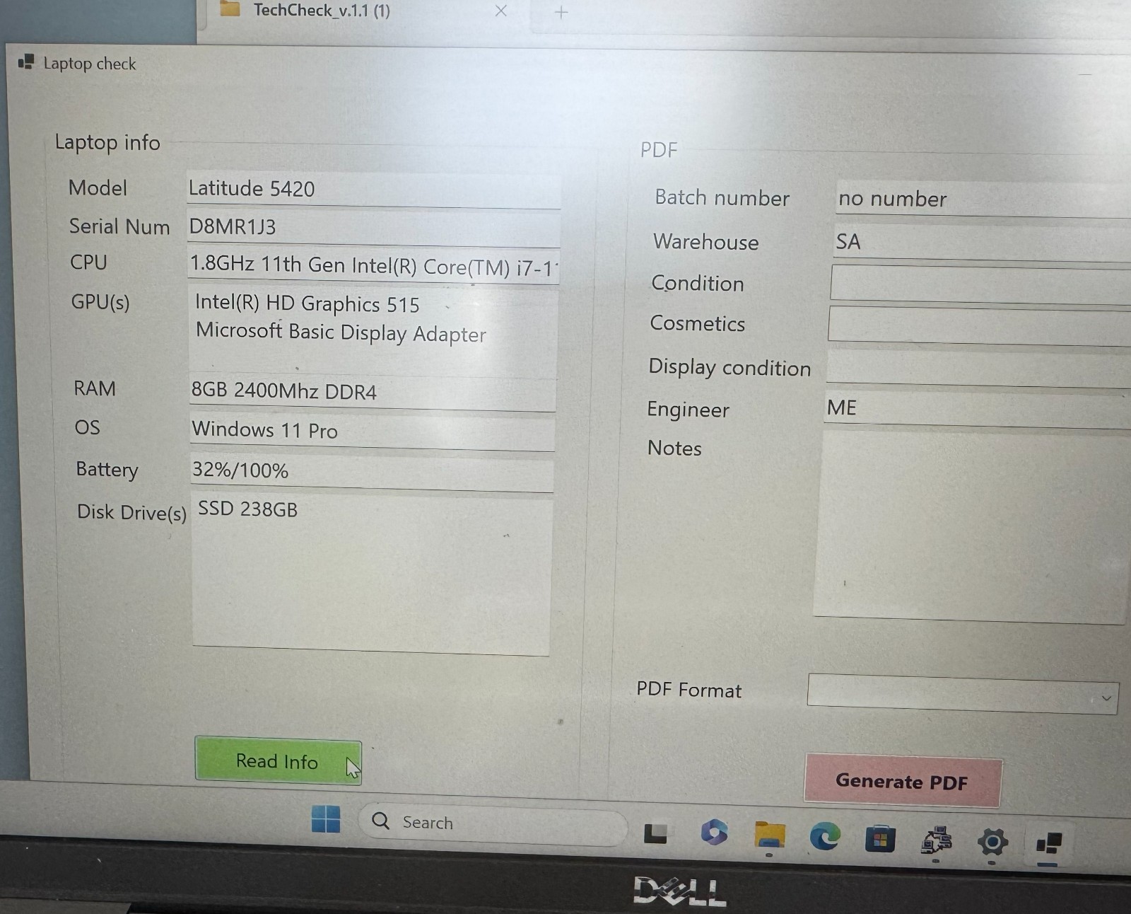 Dell Latitude 5420 i5-1185G7 8GB 256GB SSD Win 11 Pro Bat 32% Fair